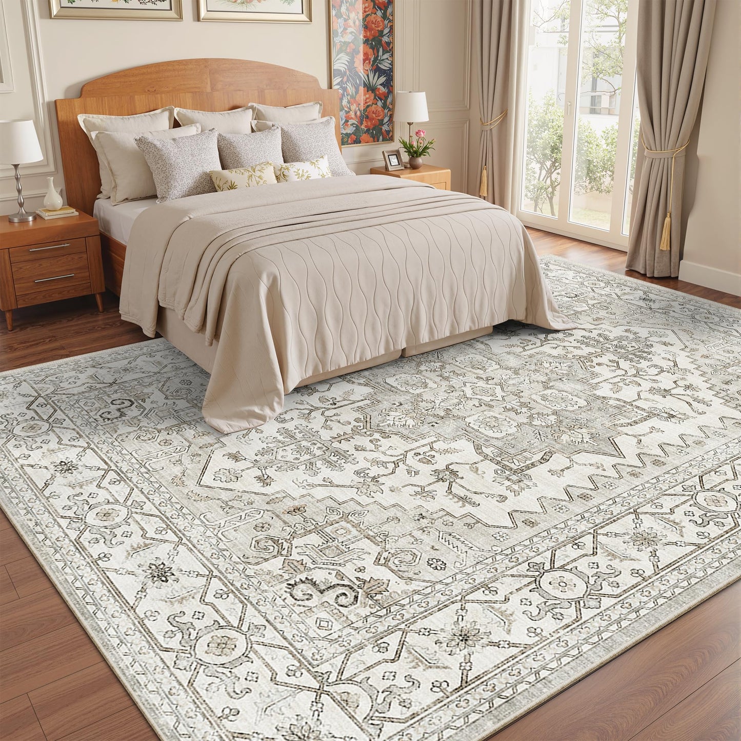Area Rugs for Living Room - 9x12, Boho Non-Slip Low Pile Carpet Machine Washable Rugs for Bedroom, Farmhouse, Office, Dining Room (Beige)