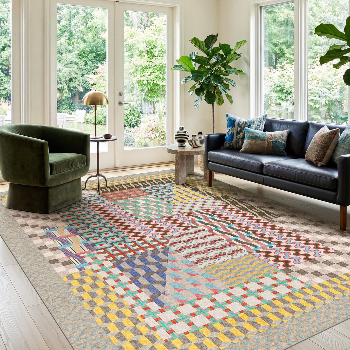 Kokia 8x10 Modern Geometric Washable Area Rug, Non-Slip Stain-Resistant Low Pile Rug for Living Room, Bedroom, Dining Room, Multicolor Bauhaus Grey