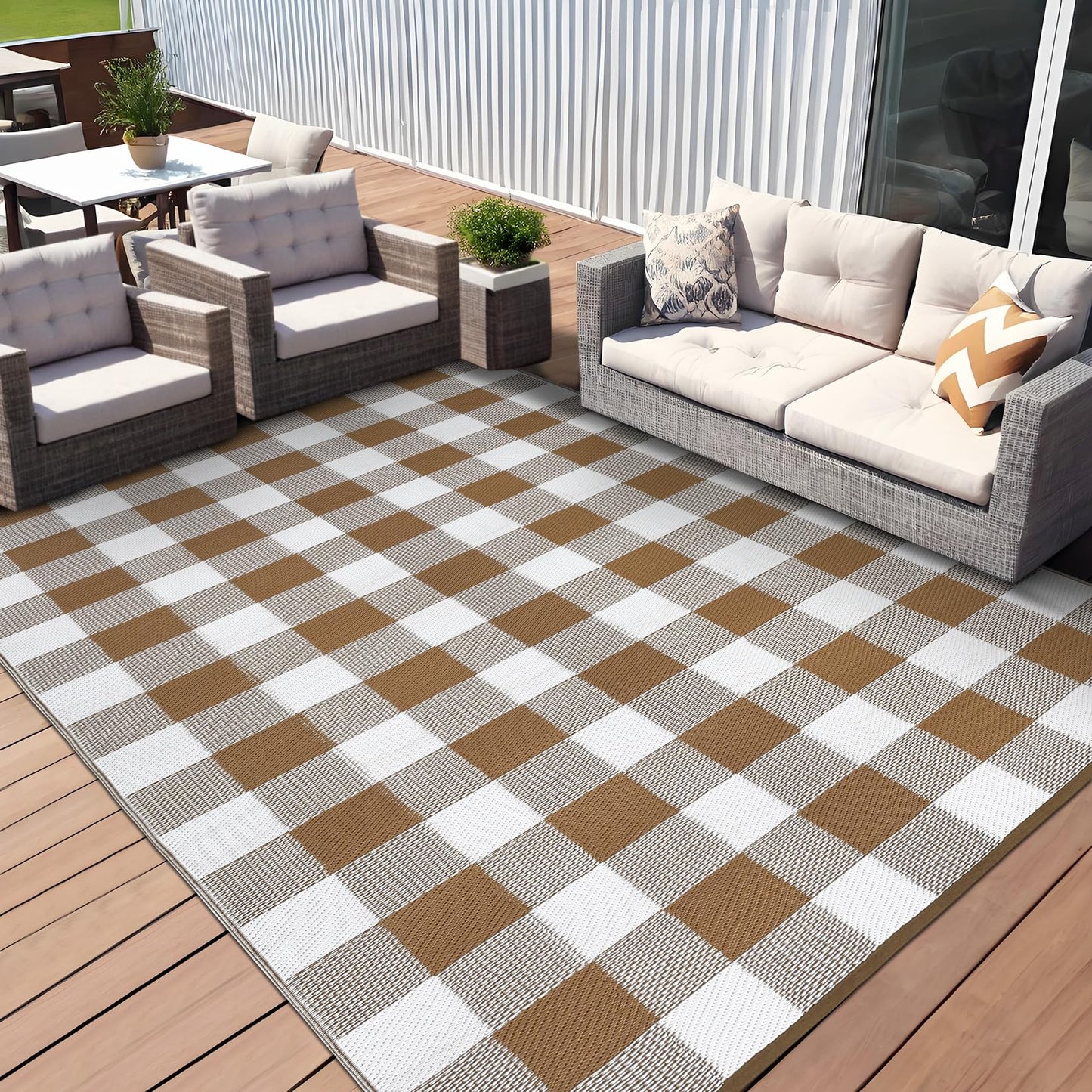 COZYLOOM Outdoor Plastic Straw Rug 8x10 Waterproof Outdoor Patio Rug Geometric Champing Rug Checkered Outdoor Carpet Reversible Rug for Rv Baclony Picnic Backyard Deck Porch Beach, Brown