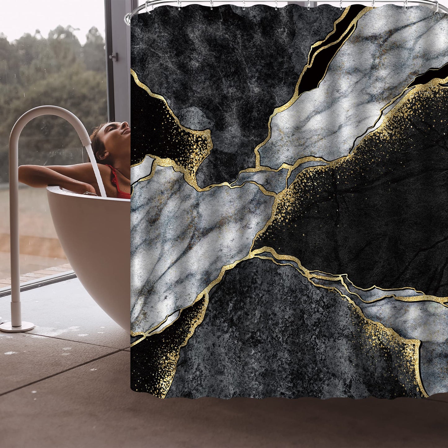 4 Pcs Marble Shower Curtain Sets, Gold Cracked Lines Crystal Geode Black Grey Bathroom Decor, Rug Toilet Lid Cover and Non-Slip U Shape Mat, Waterproof Polyester Shower Curtain with 12 Hooks, 72 x 72