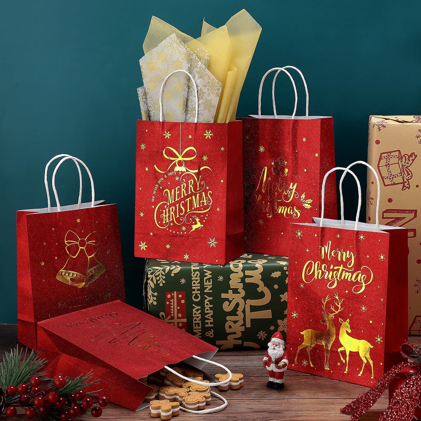 Ragnhild 48 Pcs Christmas Gift Bags, Red Glitter Christmas Bags for Gifts with Tissue Paper, 6 Styles Red and Gold Foil Paper Goodie Bag with Handles, Bulk Xmas Holiday Reusable Party Favor Treat Bag
