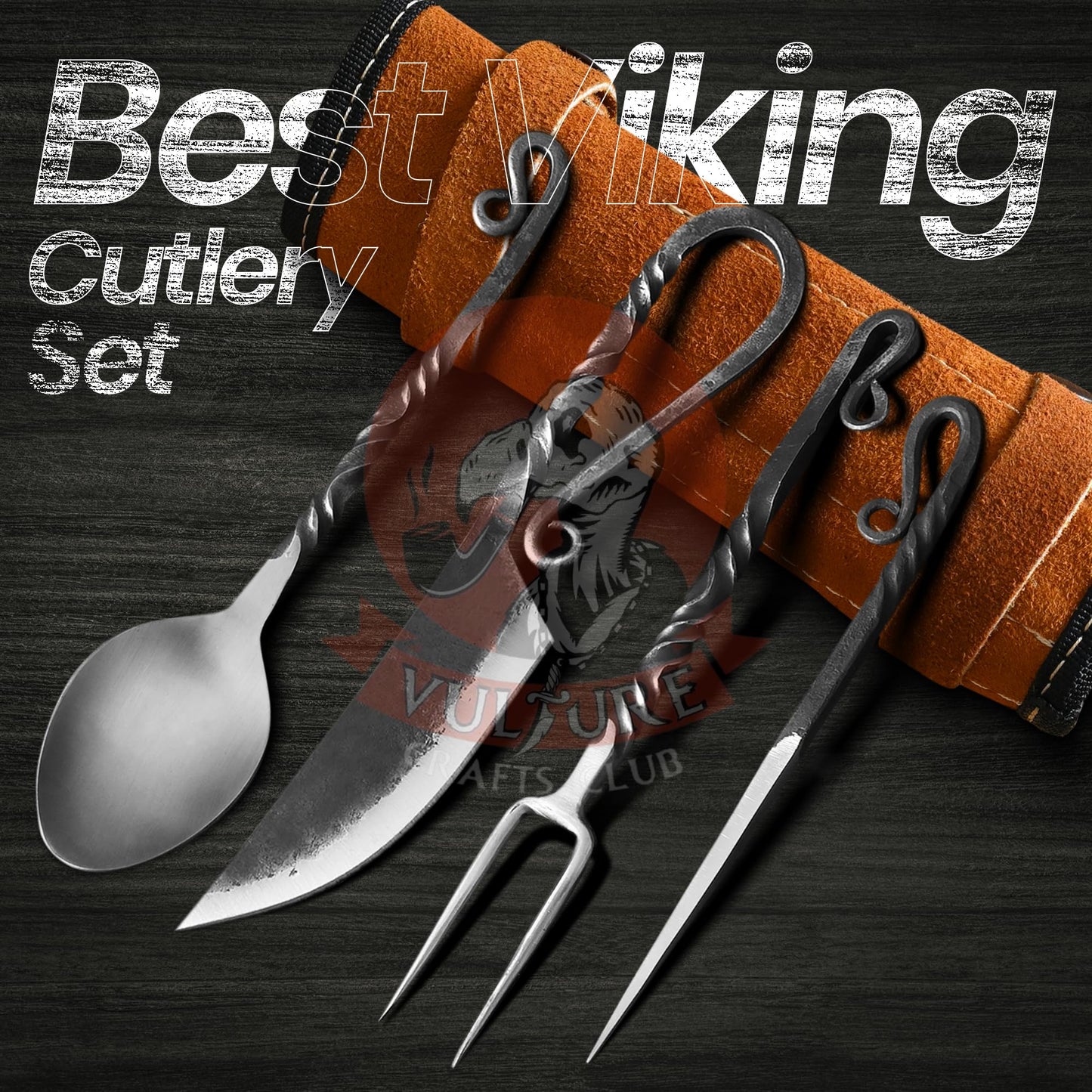 Medieval Silverware Set with Leather Cover - Hand Forged Medieval Cutlery Set - Viking Camping Utensils, Medieval Decor,Gifts - 4 Pcs Viking Utensils Set Fork Spoon and Knife Set (Half Black) (Silver Black)