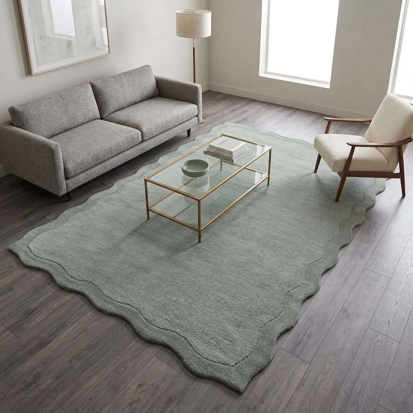Restoration and Renovation Scalloped Hand-Tufted Wool Area Rug – Thick, Soft, Plain Textured Carpet for Living Room, Bedroom, – Wavy Edge Accent Rugs with Cotton Backing (Sage Green, 3' x 5')