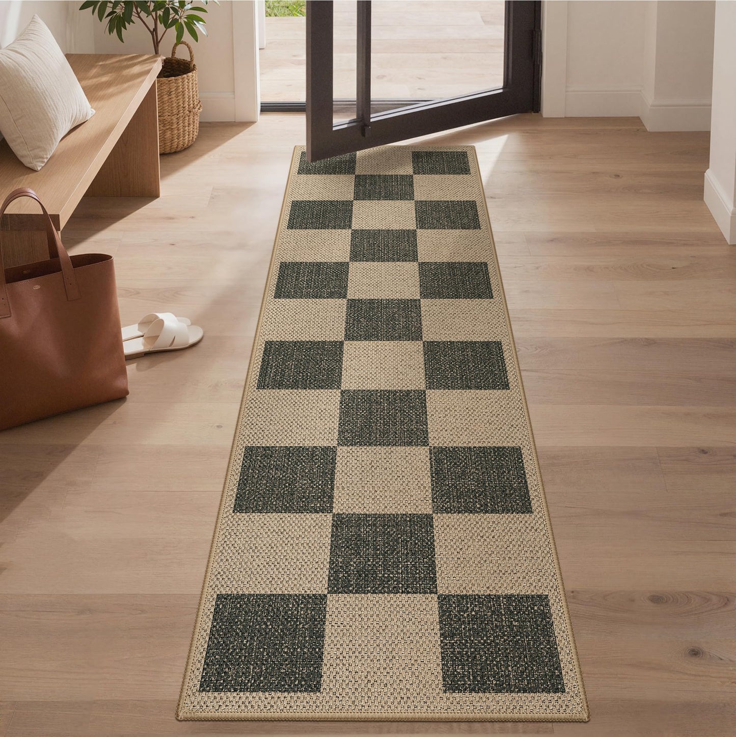Bavni Checkered Easy Jute Rug,2x6 Runner Rug Machine Washable Non Slip Woven Plaid Carpet, Geometric Diamond Non Shedding Low Pile Modern Farmhouse Hallway Runner for Kitchen, Laundry, Corridor