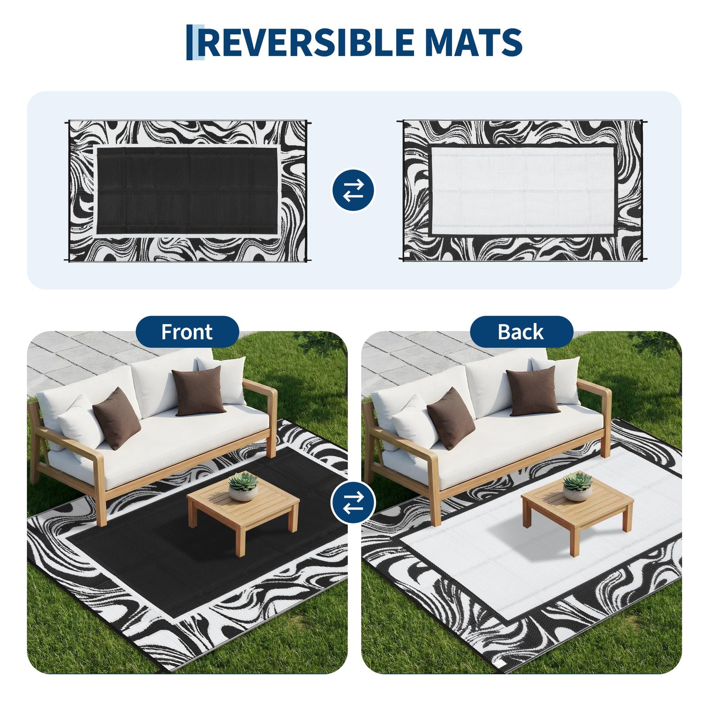 Garvee Black and White Outdoor Rug 5x8 for Camping Waterproof Quick Dry Plastic Straw Carpet Reversible Lightweight Patio Rug Easy to Clean for RV, Deck, Balcony, Backyard, Picnic, Beach, Black White