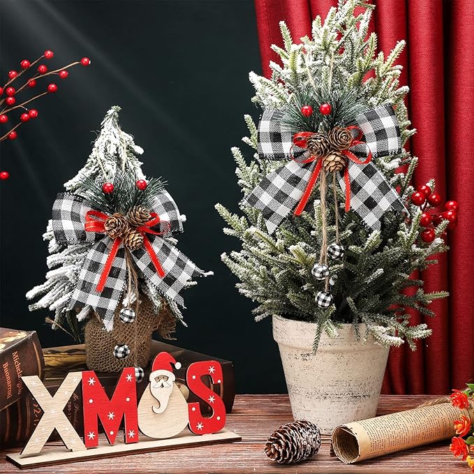 Xinnun 4 Pieces Christmas Buffalo Plaid Bows with Pine Cones Pine Needles Xmas Plaid Bow Ornament Christmas Tree Wreath Decoration for Holiday Parties DIY Crafts Home Decor (White,Black)