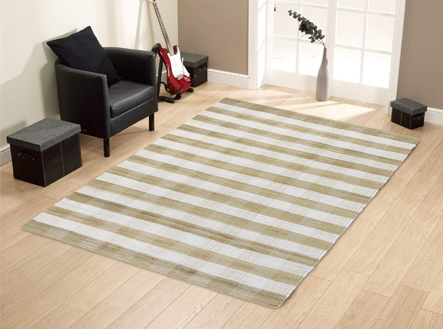 GLAMBURG Cotton Reversible Area Rug 3' x 5' Farmhouse Floor Mat, Handwoven Washable Carpet Checkered Plaid Rug for Front Porch Living Room Kitchen Bedroom - Beige Natural