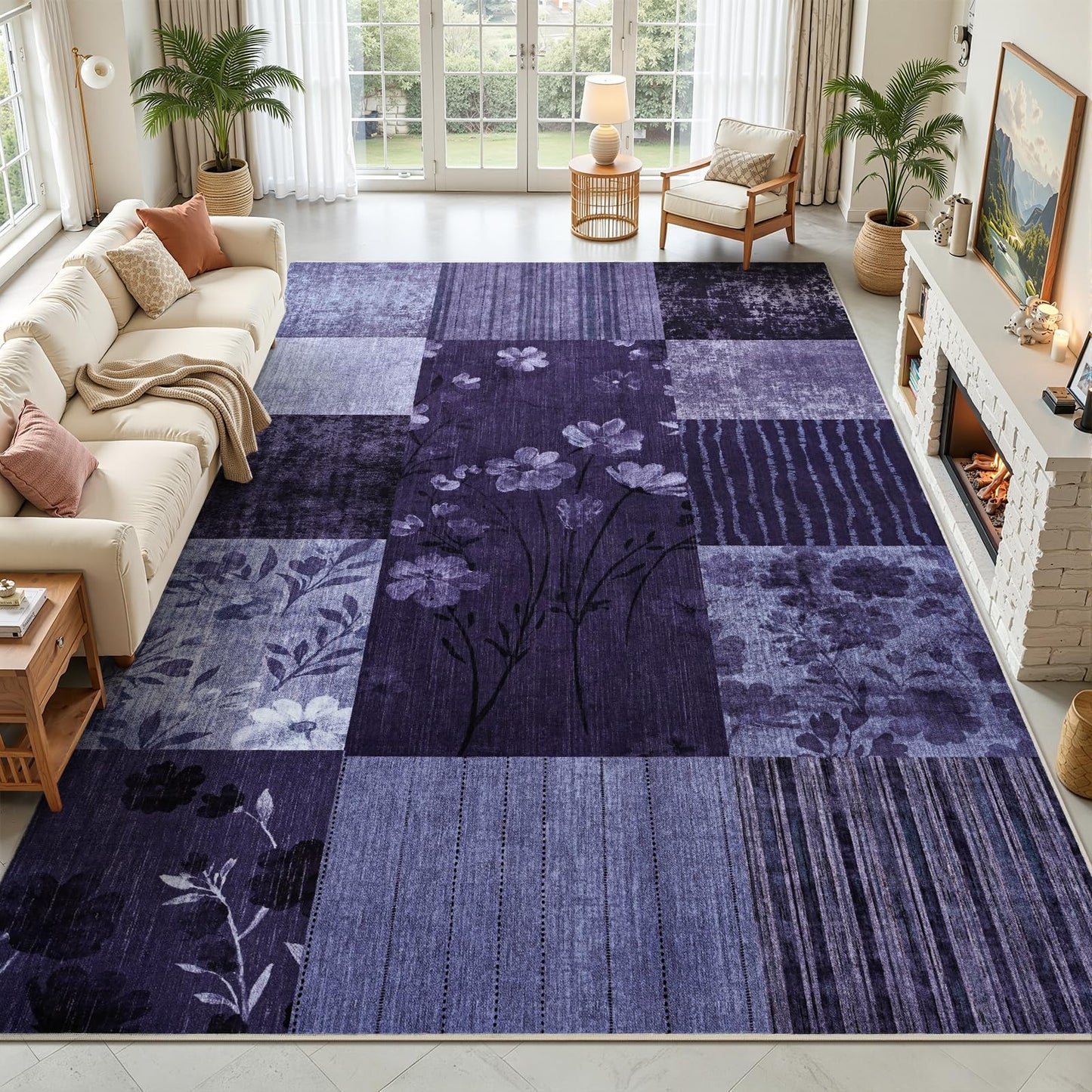 DweIke Area Rugs 4'x6' Washable Purple Rug for Living Room, Non-Slip Modern Geometric Patchwork Stain Resistant Indoor Throw Carpet for Bedroom Dining Room Farmhouse Office Decor