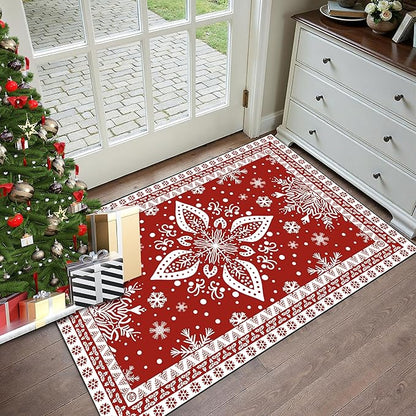 2' X 3' Christmas Area Rug Snowflake Rug Washable Non Slip for Entryway Indoor Front Door Laundry Dorm Bathroom Red Merry Christmas Carpet for Kids Girls Doormat