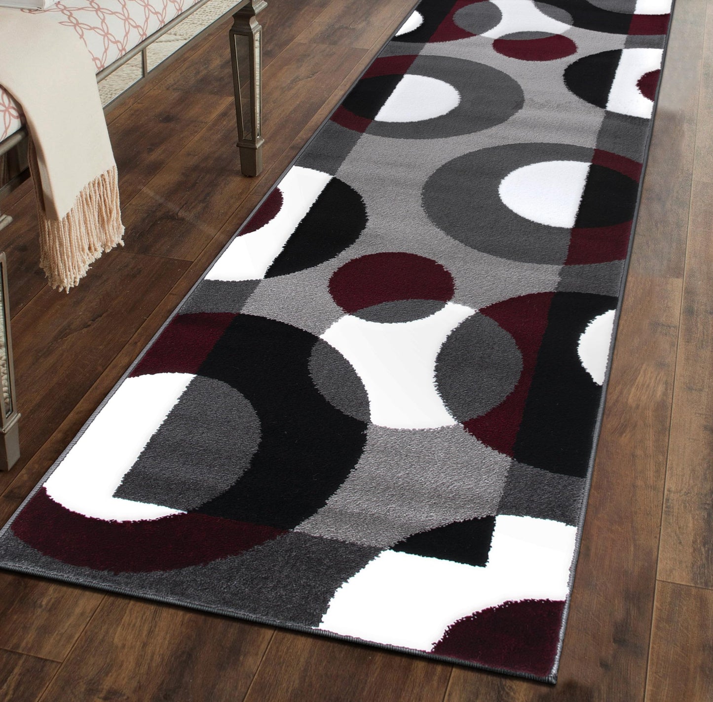 Rugshop Burgundy Hallway Runner Rug, Modern Circles, Non-Shedding, Durable for Hallway, Entryway and Kitchen, 2' x 10'