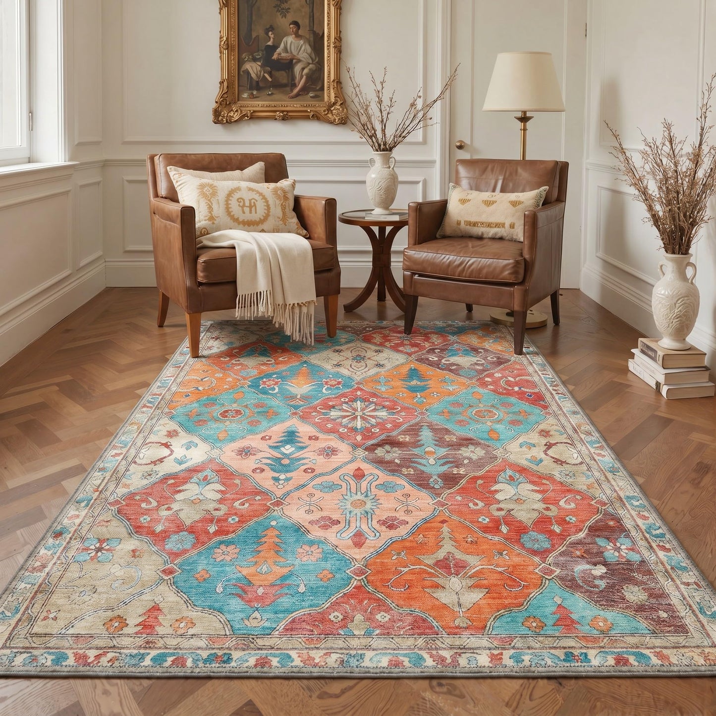 GENIMO 2X5 Hallway Runner Rug, Machine Washable Non Slip Boho Vintage Rustic Rugs, Low Pile Soft Stain Resistant Rug for Entryway, Kitchen, Dusty Terracotta