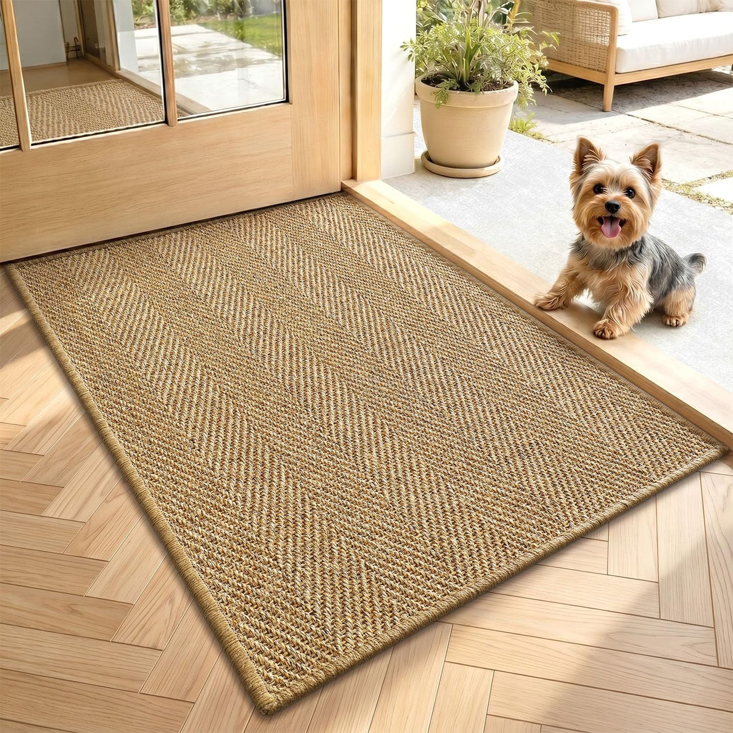 LUMI Handwoven Sisal Door Mat, Non-Slip Durable Entryway Mat, Welcome Front Doormat, Solid Floor Mats for Entrance, 20"x32", Brown Herringbone Sisal