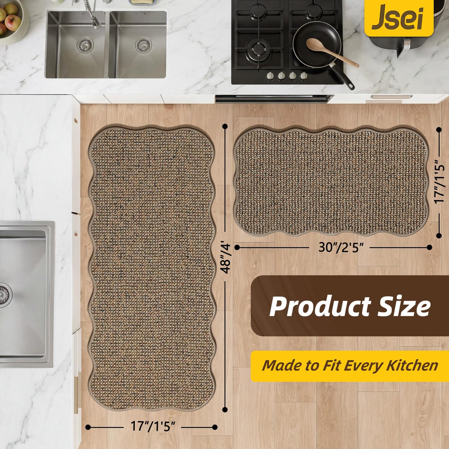 JSEI Scalloped Kitchen Rugs and Mats 2PCS, Kitchen Mats for Floor, Non-Slip Washable Kitchen Runner, Absorbent Rugs for Kitchen, Laundry & Sink, 17"x30"+17"x48", Taupe