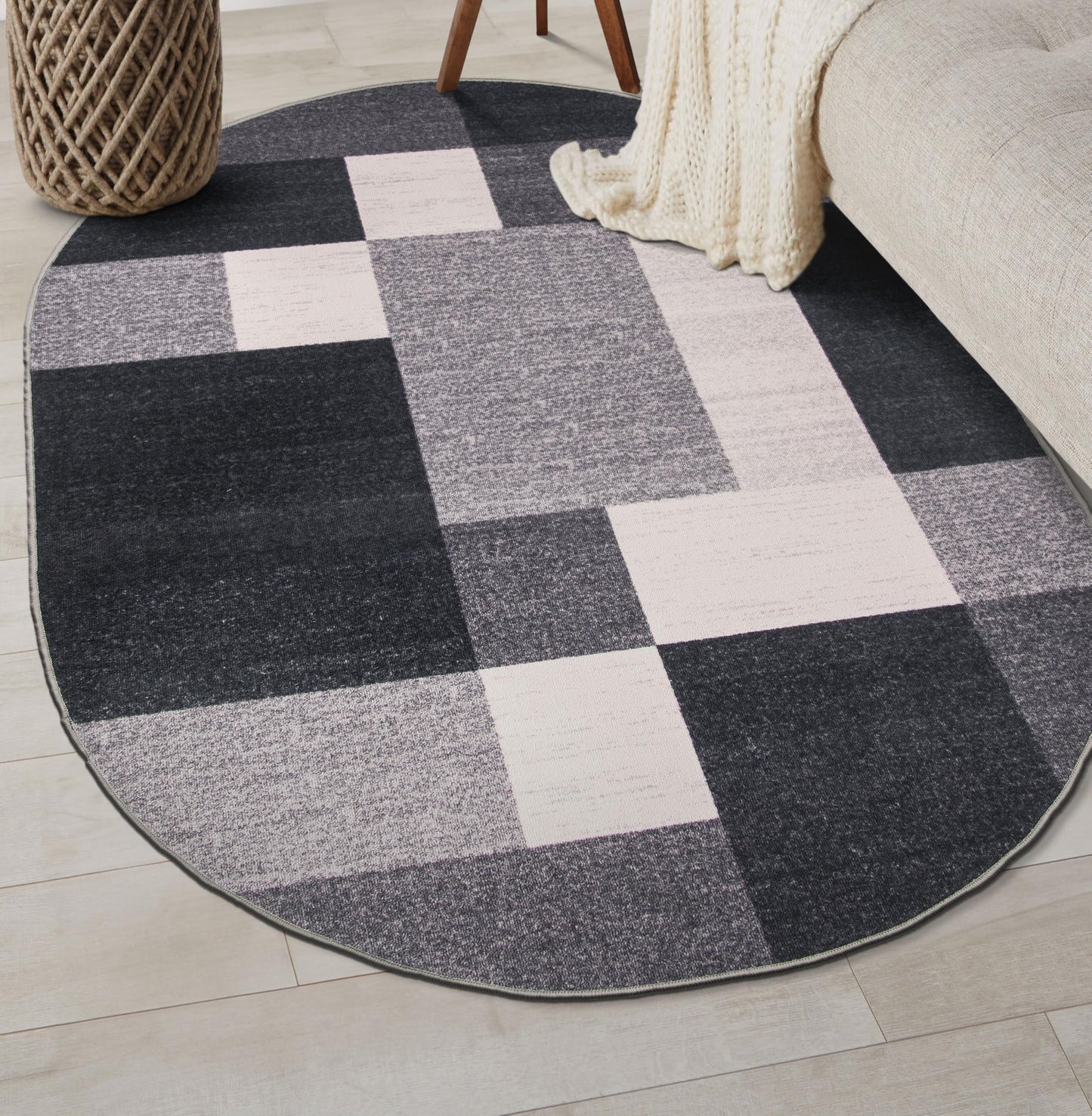 Rugshop Gray Modern Geometric Boxes Non-Slip Area Rug Non-Shedding for Dining Area, Bedroom and Living Room, 5' x 7' Oval