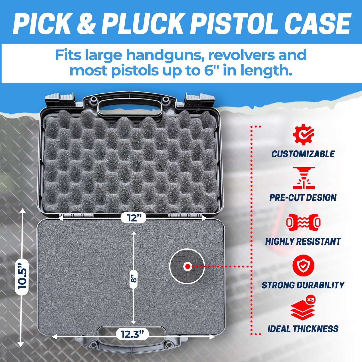 TSA Approved Hard Gun Case – Airline Approved Lockable Pistol Carrying Case with Dual Latch & Customizable Foam – Fits 9mm Handgun, Revolver & Firearm for Travel & Range Use (3-in-1 Bundle)