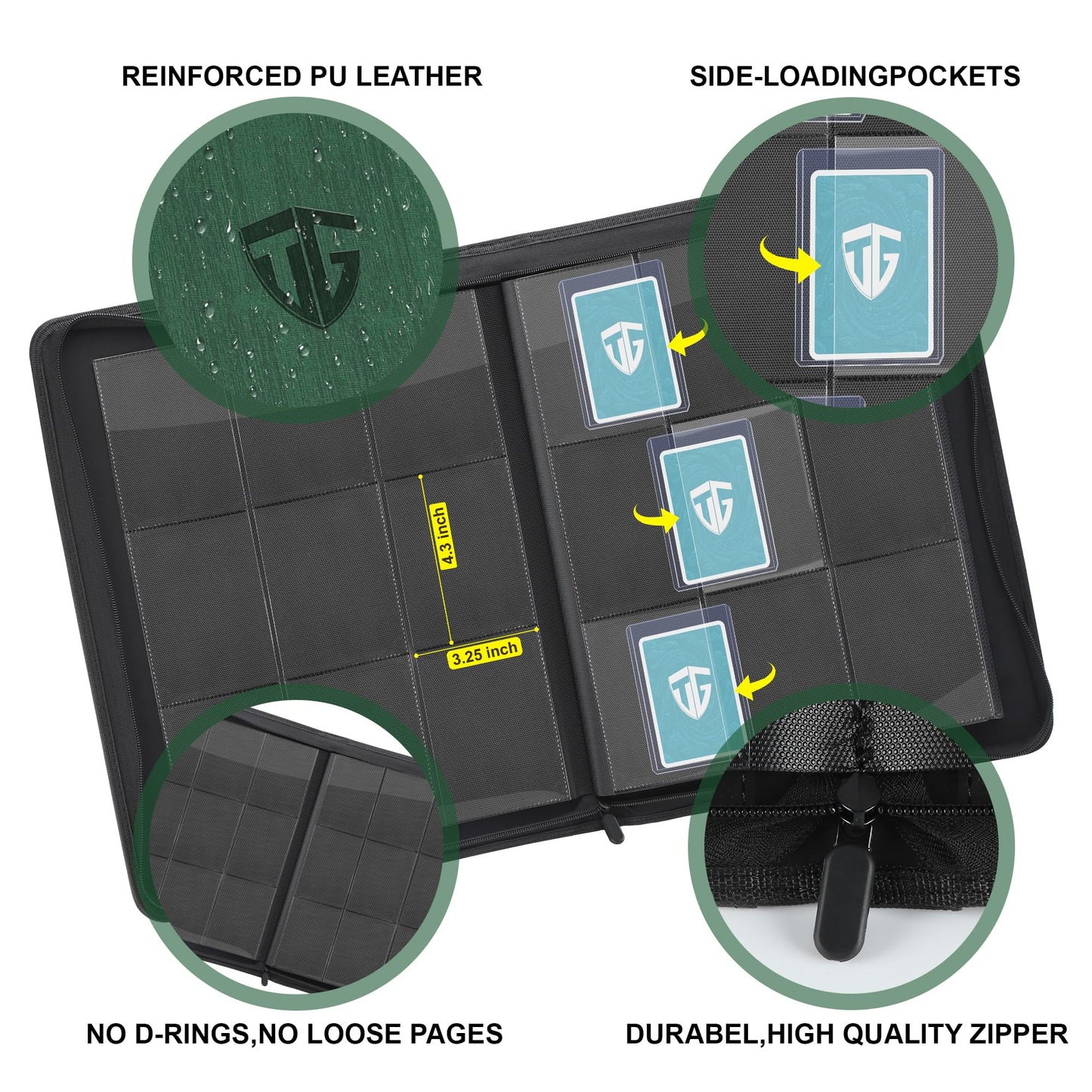 Toploader Binder,Holds 216 Toploaders,9 Pocket Top Loader Binder with Sleeves for 3"x4" Rigid Toploaders Hard Cases,Top loader Binders for TCG, MTG Card Binder, Trading Cards Binder (Dark Green)