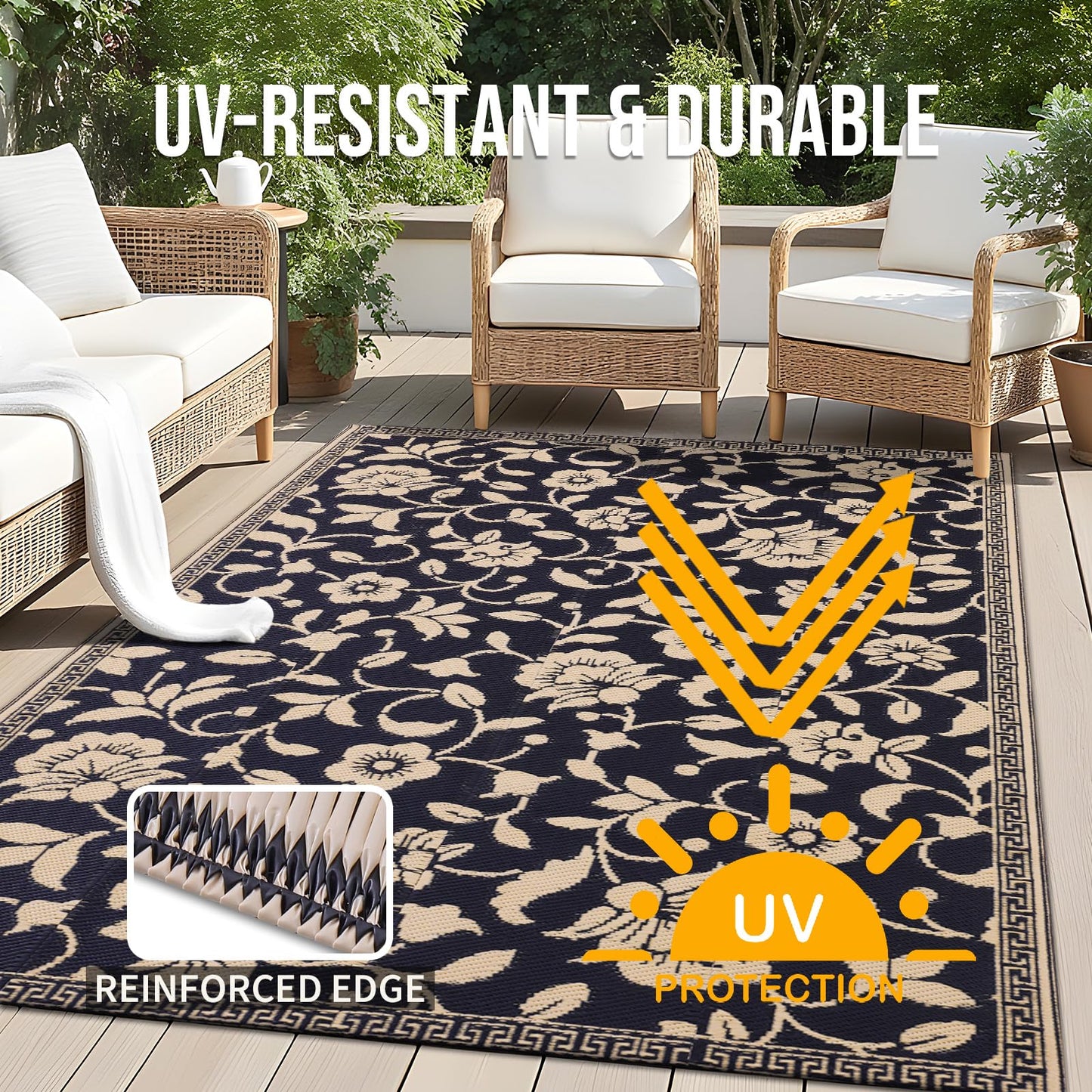 OLANLY Waterproof Outdoor Rug 5x8 ft, Outdoor Plastic Straw Rug with Flower Pattern, Reversible RV Mat for Patio, Camping, Balcony, Deck, Backyard, Black & Beige
