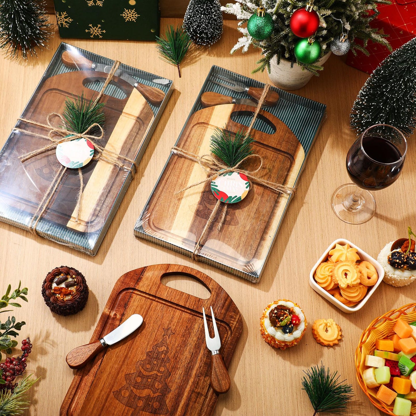 Sawysine 8 Sets Christmas Cheese Board Gift, Engraved Acacia Wood Cutting Board with Cheese Knife,Fork,tag,Charcuterie Boards for Holiday Party, Bridal Shower,Wedding, Housewarming Gifts(11" X 8")