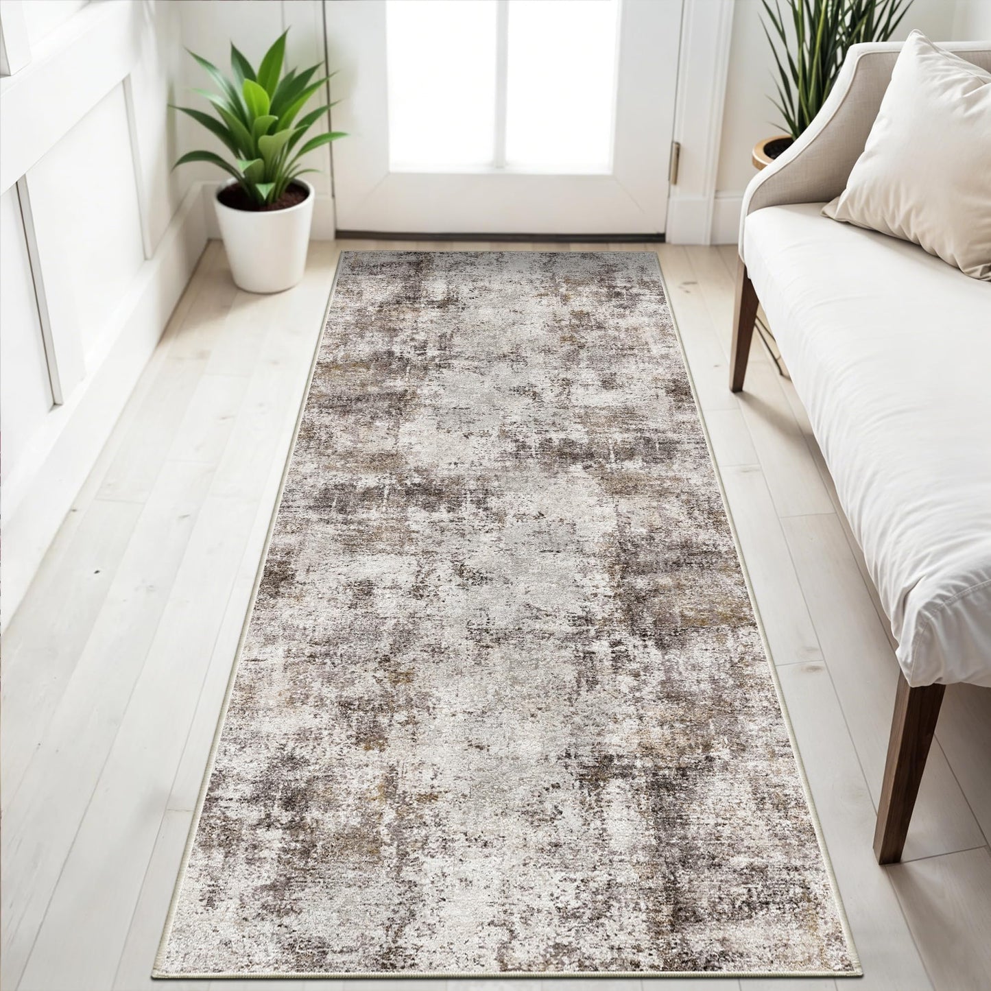 2x5 Washable Runner Rug for Hallway: Non Slip Entryway Runners Rugs Easy-to-Clean - Soft Living Room Bedroom Carpet - Thin Low Pile Floor Mat - Pinkish Beige Brown