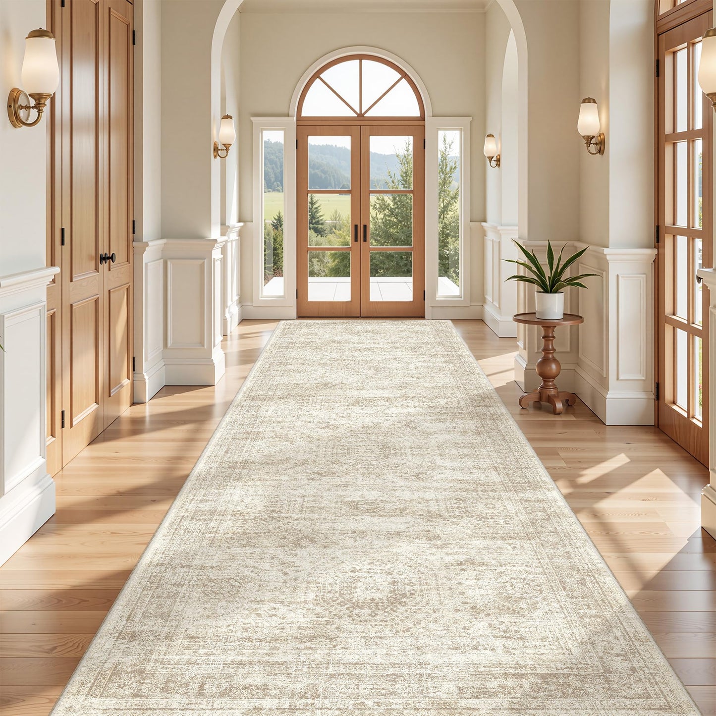 Restydon 4x12 Runner Rug for Hallway, Low-Pile Wide Runner for Entryway, Long Washable Non-Slip Kitchen Rug, Soft Modern Home Decor Mat for Living, Laundry Room(4'x12', Beige/Ivory)