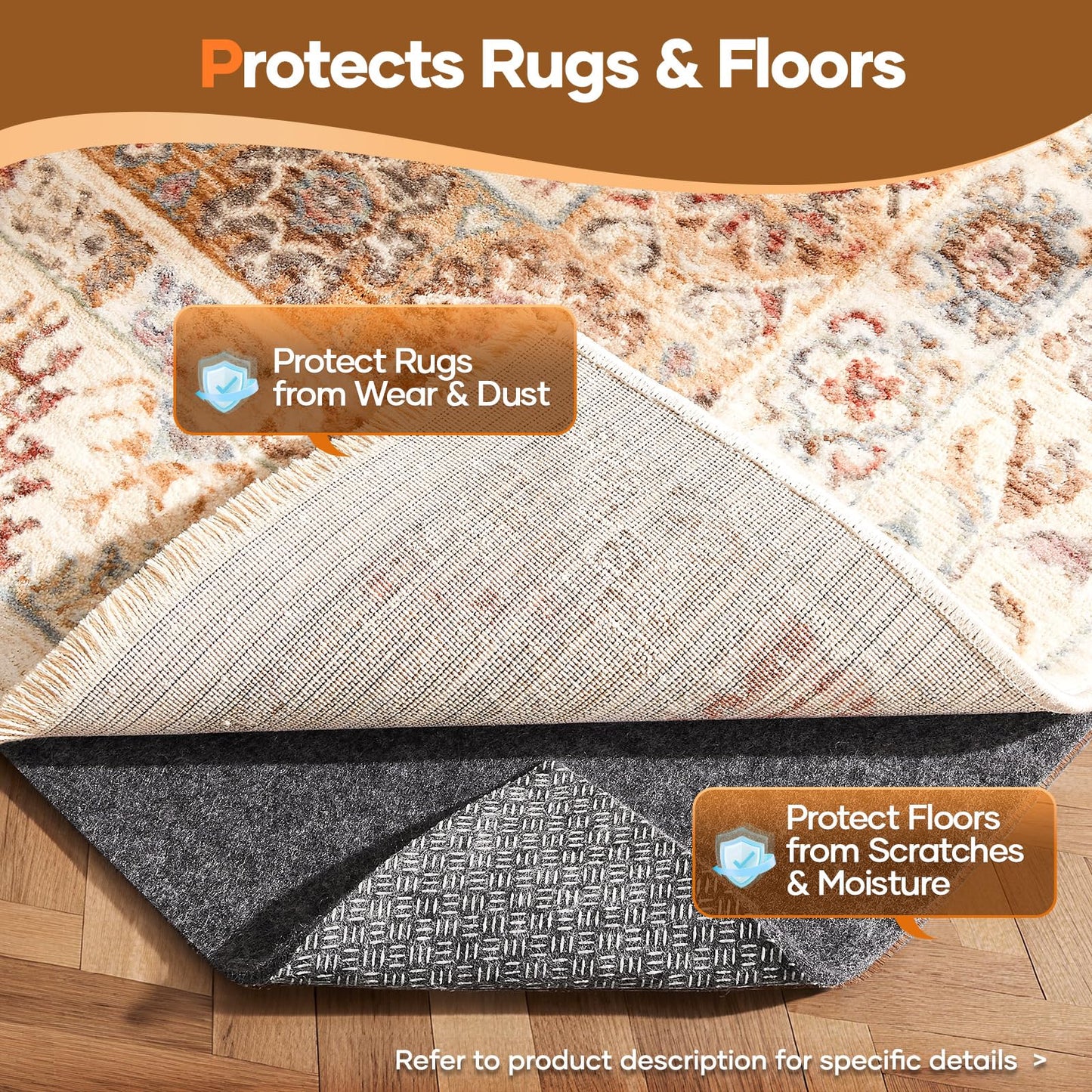 Veken Non Slip Cushioned Rug Pad Gripper 8 x 10 Ft, Felt and Silicone Backing, 1/4 inch Thick Carpet Liner for Hardwood Floors, Under Area Rugs Mat, More Than 99 Pcs Anti-Slip Long Strips Pattern