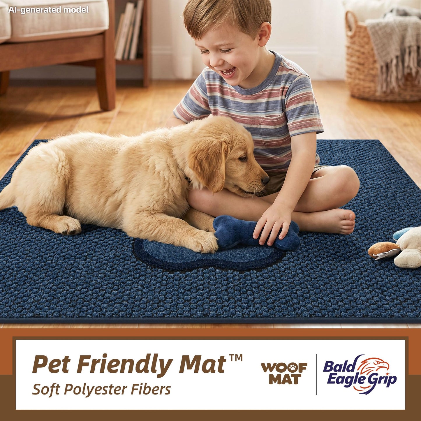 Bald Eagle Grip Dog Paw Doormats 32''x48'' for Dirty Paws, Washable Entryway Floor Rugs Dirt Trapper with TPR Backing, Absorbent Low Profile Doormat for Front Door, Hallway, Entryways, Blue