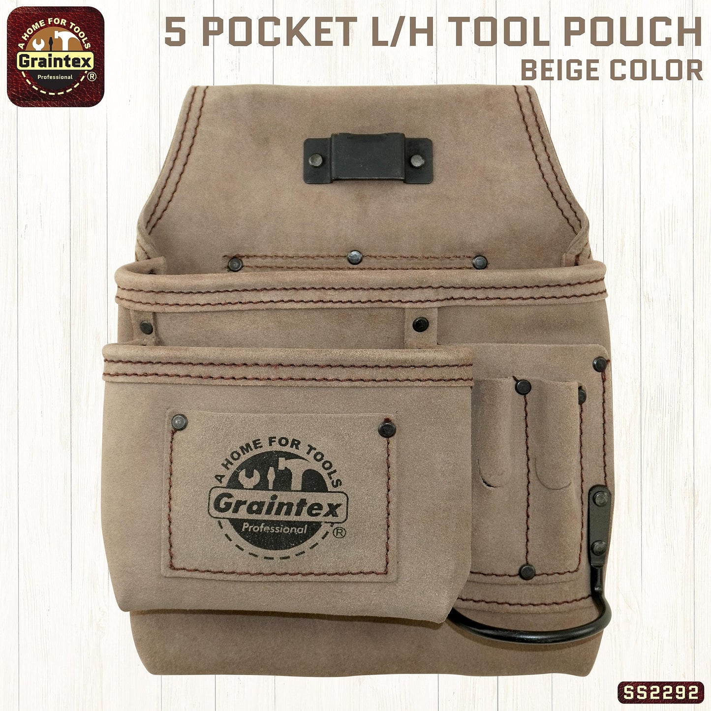 Graintex 5 Pocket Nail & Tool Pouch Suede Leather for Constructors, Electricians, Plumbers, Handymen (Beige, Left Handed)