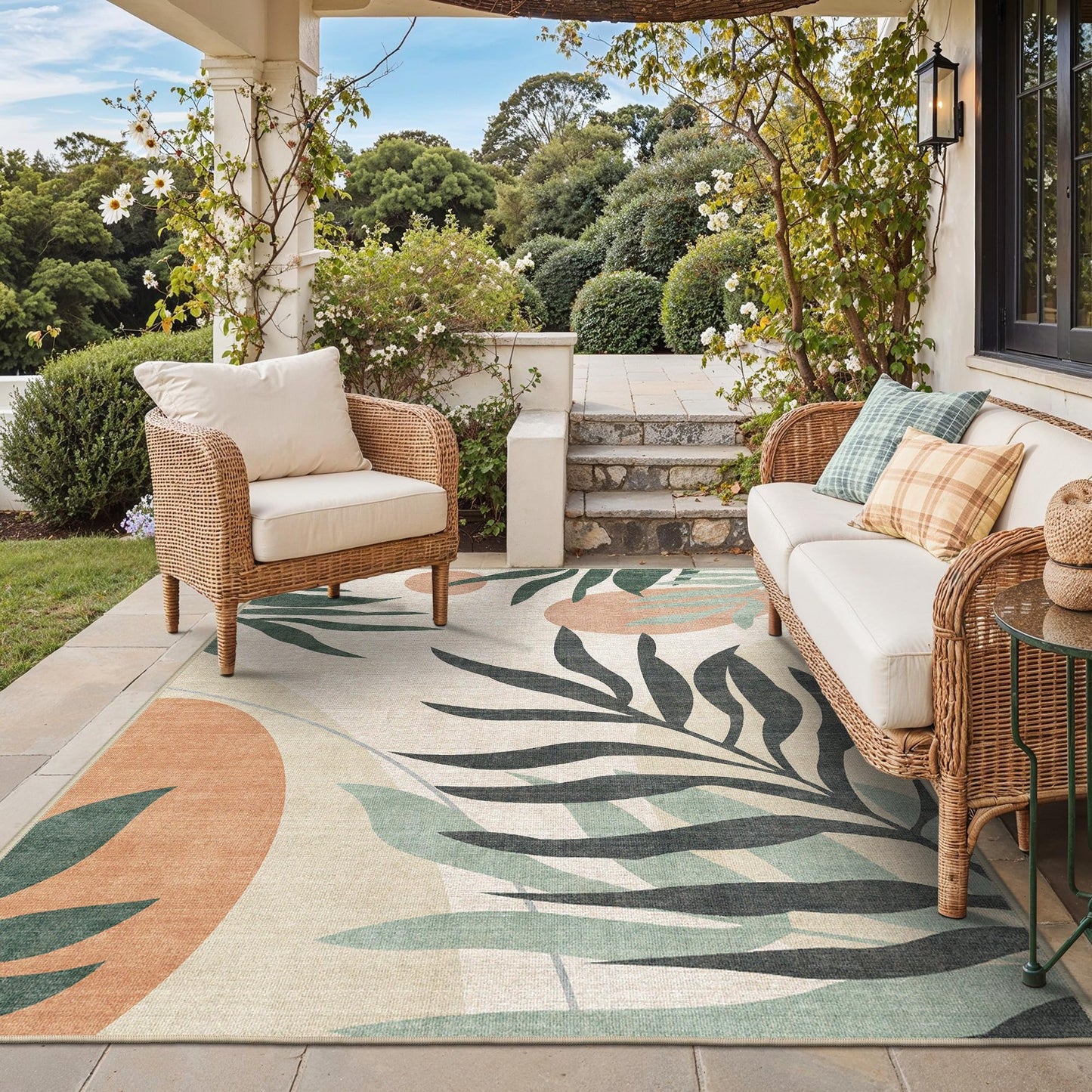 GENIMO Outdoor & Indoor Area Rug 5'x8', Waterproof, Non-Shedding, Easy Cleaning, Leaf Mat for Patio, Living Room, Balcony, Dining Room, RV, Deck, Bedroom, Camping, Outside Carpet, Beige Grey