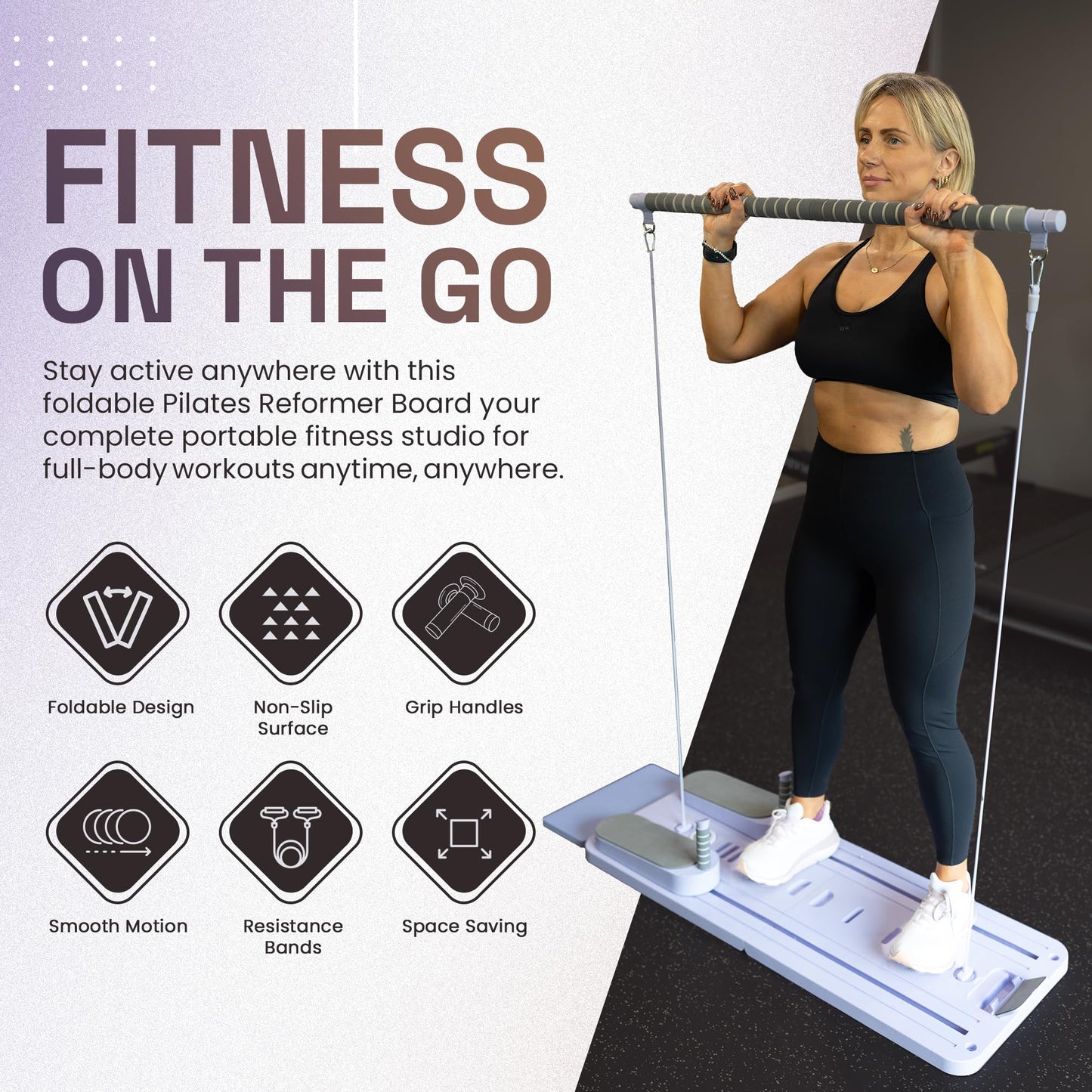 Premium Pilates Reformer Board – Foldable Portable Pilates Machine with Push-Up Bars, Pilates Bar & Resistance Bands for Full-Body Home Workout, Core Strength & Travel Fitness