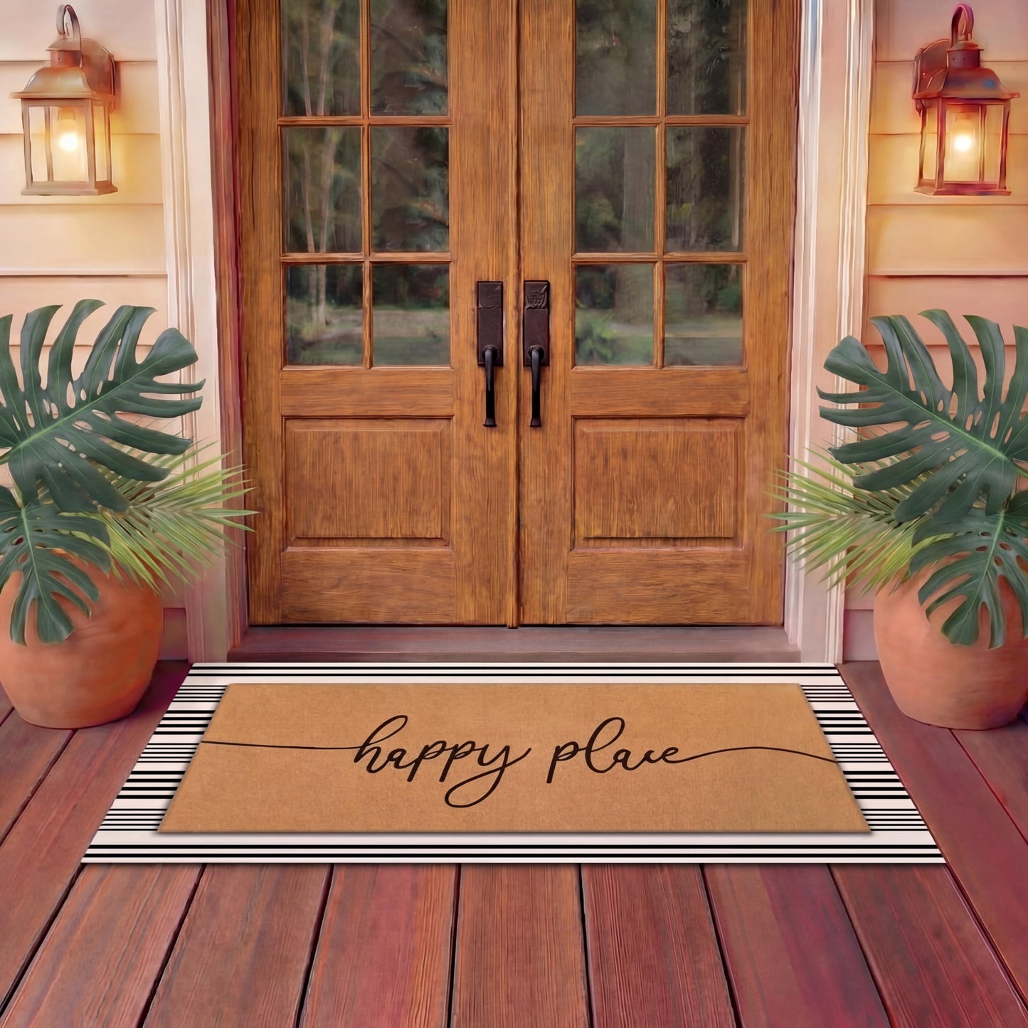 Tinideya 2 Pcs Summer Door Mat 17"x47" Happy Place Welcome Non Slip Coir Mats Large Floor Layering Black White Stripes Doormats Seasonal for Front Porch Entryway Decor