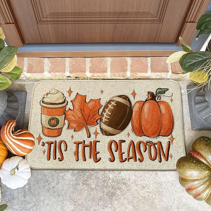 Fall Football Pumpkin Front Door Mat Indoor Outdoor Entrance, Tis The Season Autumn Maple Leaves Washable Non-Slip Rubber Doormat, Inside Outside Entrance Sports Game Day Welcome Floor Mat, 17x29