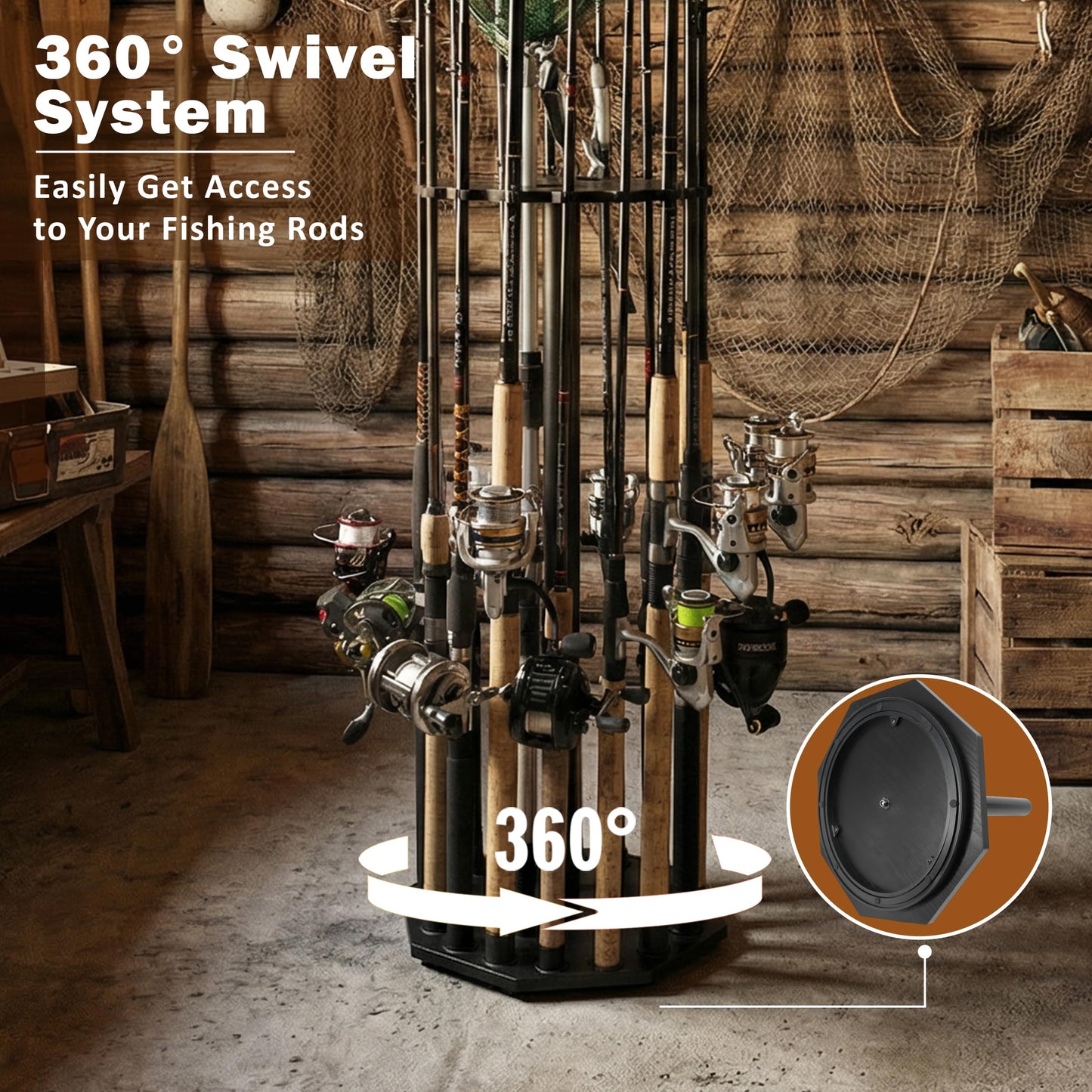 Rush Creek Creations 16-Rod Round Fishing Rod Holder for Garage, 360° Access Fishing Pole Holder for Fishing Rods, Reels, Gear, and Accessories, Securely Holds 16 Rods, Gray