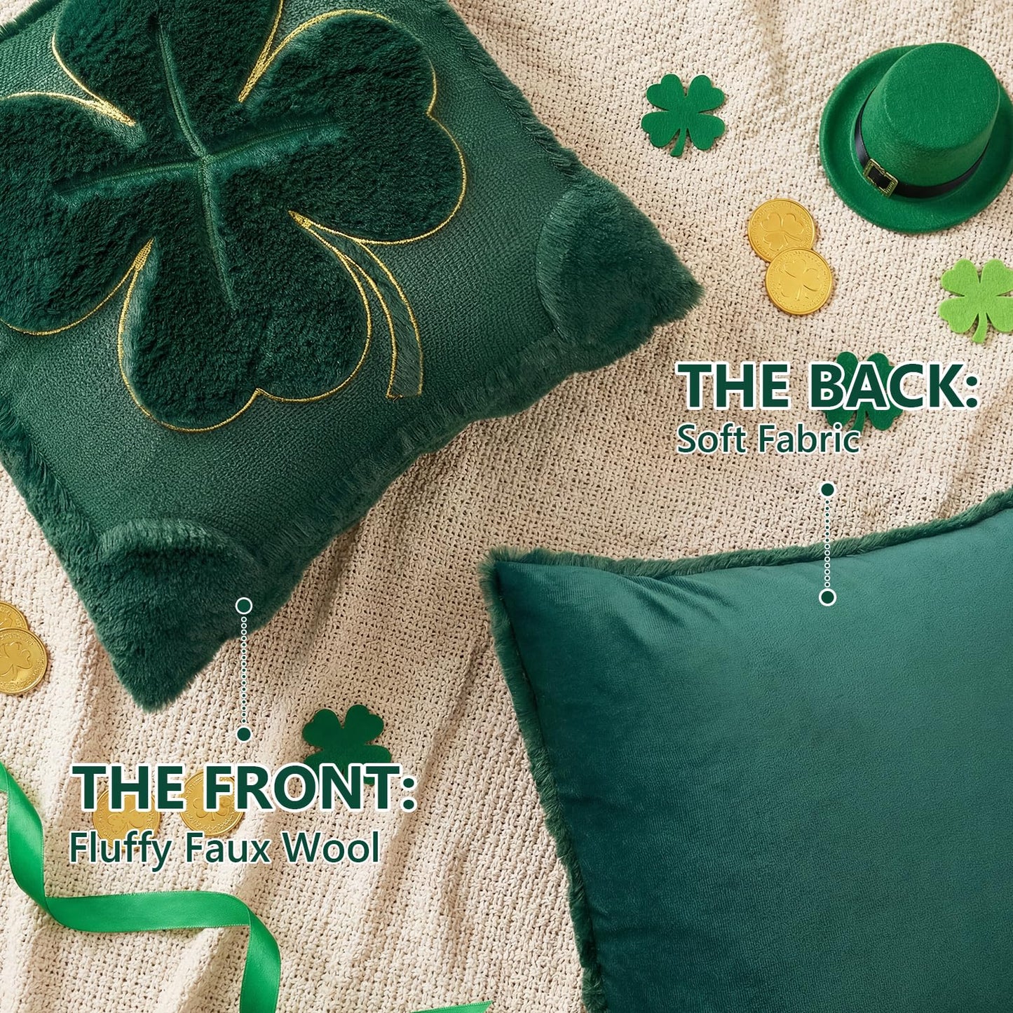 Emvency St Patricks Day Throw Pillow Covers 18x18 Set of 2, Green Shamrock Golden Decorative Pillow Cases Soft Plush Faux Fur Wool Couch Cushion Case for Couch Bed Sofa Living Room Home Decor