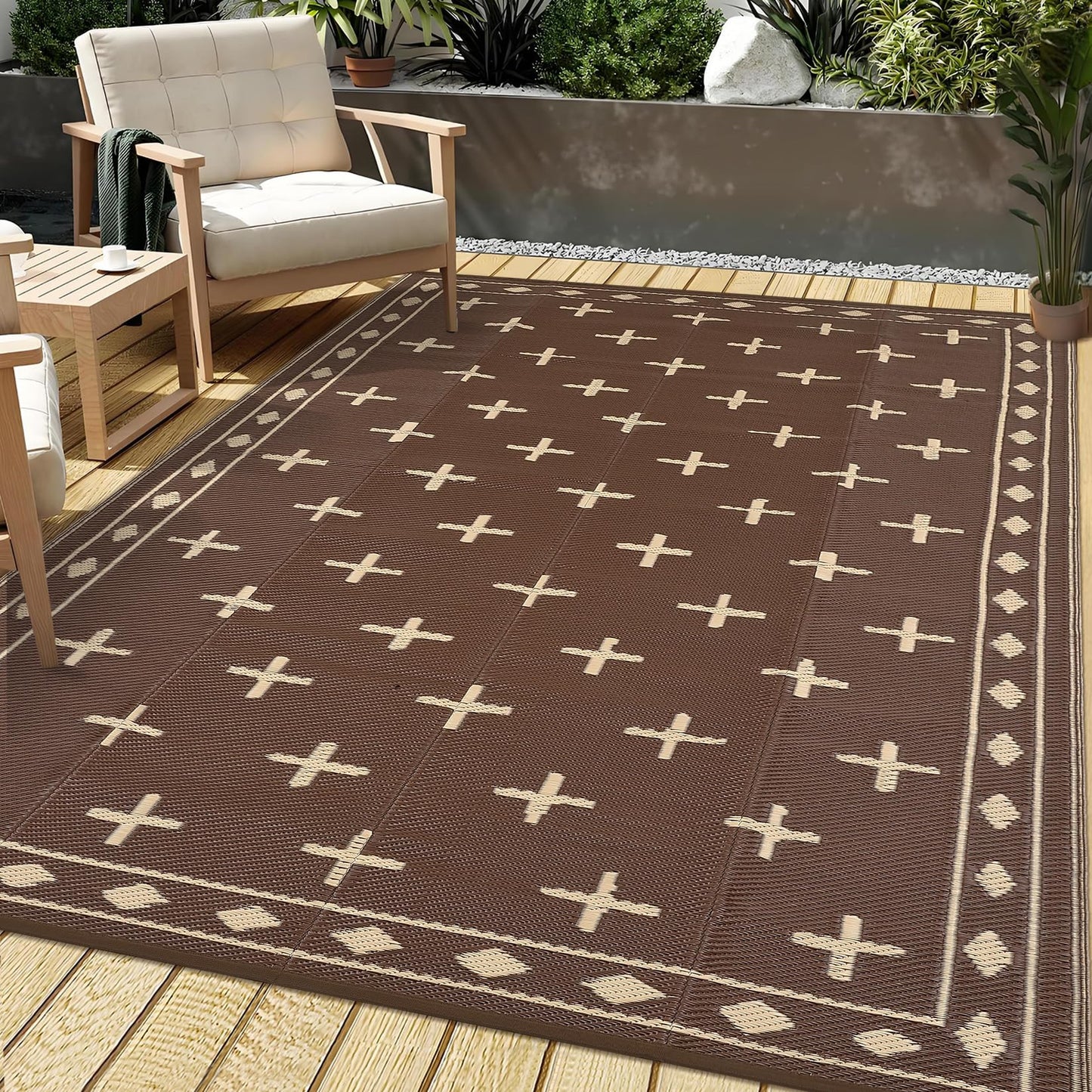 GarveeHome 9'x12' Outdoor Rug Waterproof – Reversible Plastic Mat for Patio & RV Camping, Large Geometric Rug for Deck Balcony, Portable Foldable Picnic Rug with Carry Bag, UV Resistant, Brown