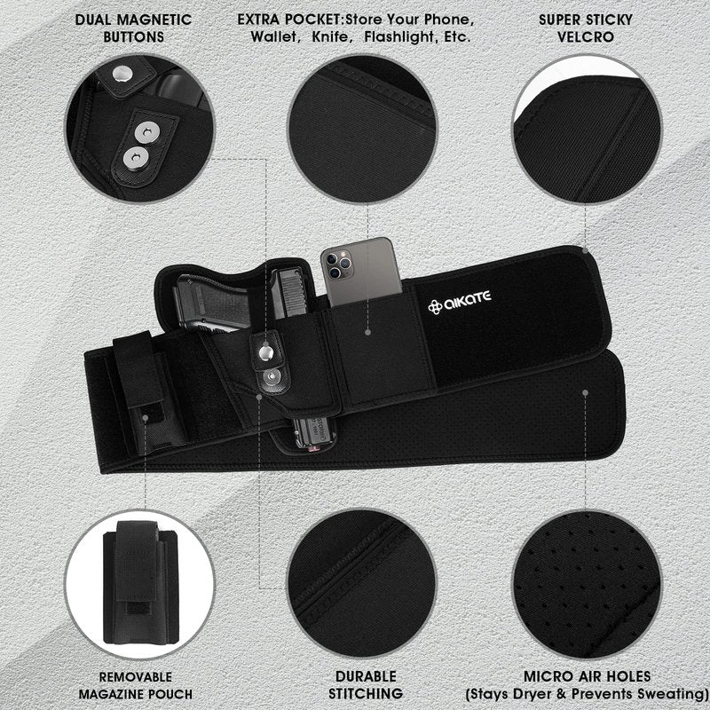 AIKATE Upgraded Belly Band Holster for Concealed Carry, Deep Concealment Gun Holster for Men, Waistband Holsters Fits for Glock 19, 17, M&P Shield 9MM Most Pistols (Fits Belly Up to 45", Left)
