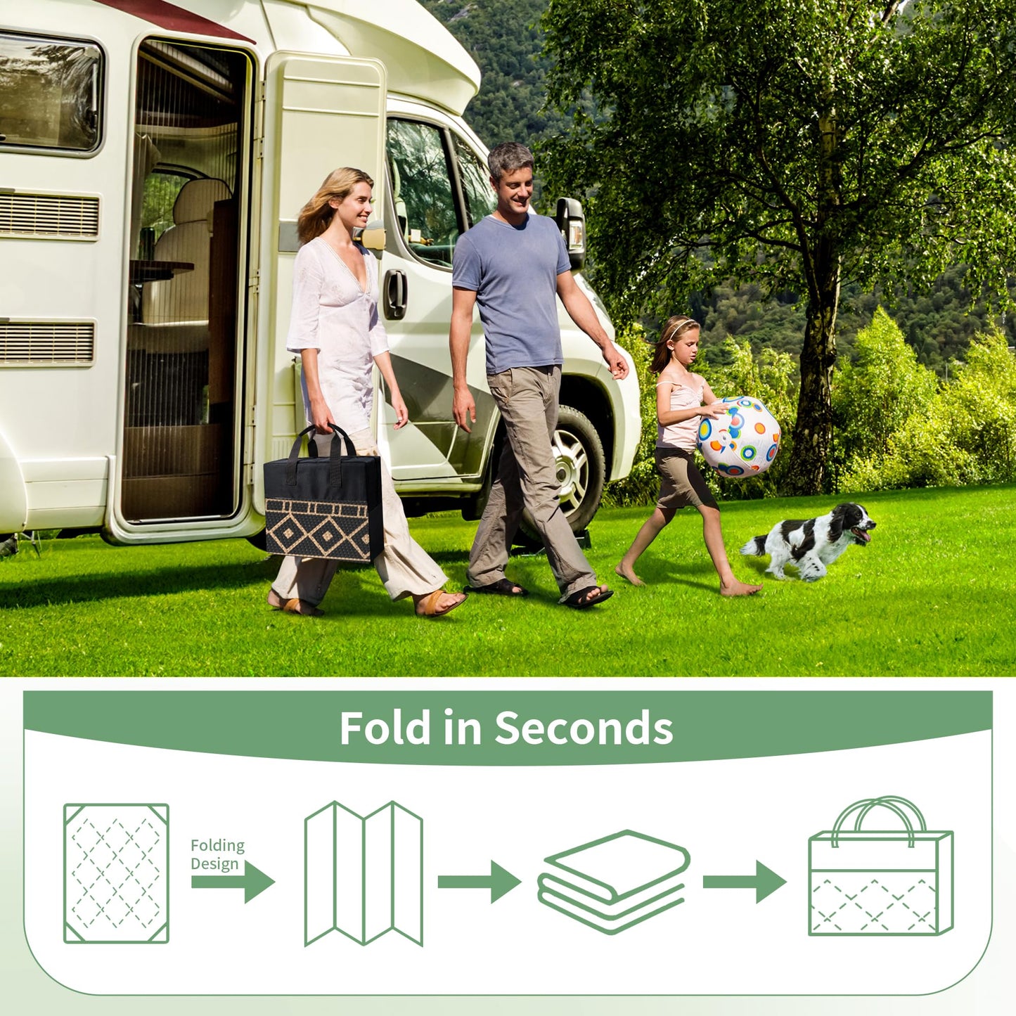 GENIMO Outdoor Rug Waterproof 10'x14' for Patio, Foldable Reversible Plastic Straw Carpet for Travel Trailers, Outside Area Mat for Rv, Deck, Picnic, Porch, Camper, Balcony, Beach, Black & Brown