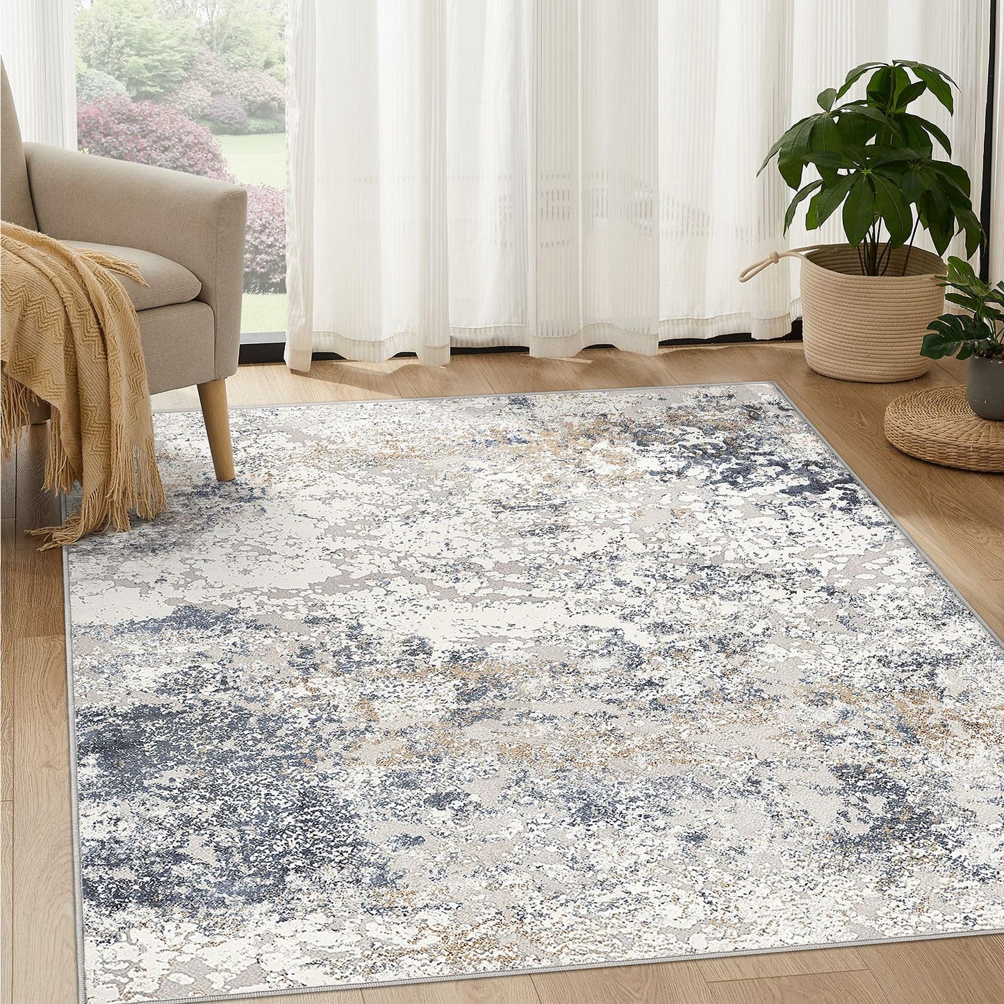 DMOYEST Square Area Rug Living Room Rugs - 6x6 Washable Large Soft Indoor Neutral Modern Abstract Low Pile Rug Carpet for Bedroom Dining Room Farmhouse Home Office - Beige Blue
