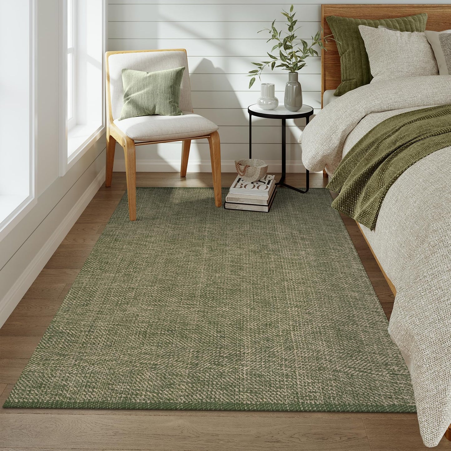 LEEVAN Washable Area Rug 4x6, Hand-Woven Cotton Living Room Rug, Green/Natural Braided Bedroom Rug, Farmhouse Indoor/Outdoor Floor Carpet for Patio, Nursery, Office, Playroom, Dining Room