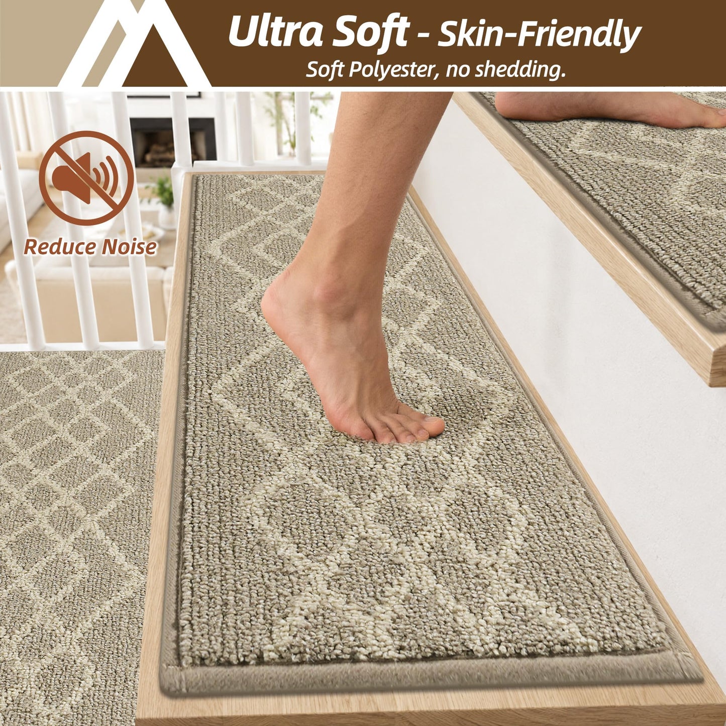 COSY HOMEER Soft Stair Treads 15pcs Non-Slip Carpet Mat 28inX9in Indoor Stair Runners for Wooden Steps,Stair Rugs for Kids and Dogs, 100% Polyester TPE Backing Beige,Rhombus