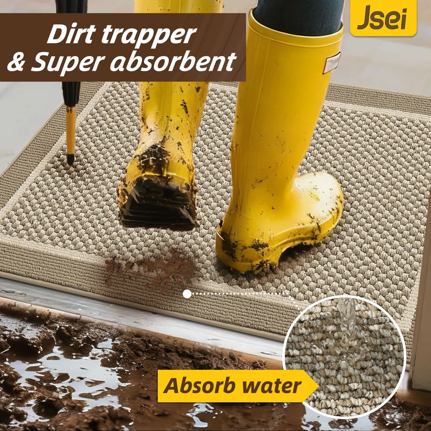 JSEI Dirt Trapper Door Mat 20"x32", Non-Slip Washable Doormats Entryway Rugs, Trap Dirt Absorbent Welcome Mat, Low Profile Floor Mats for Front Back Door and Entrance, Beige