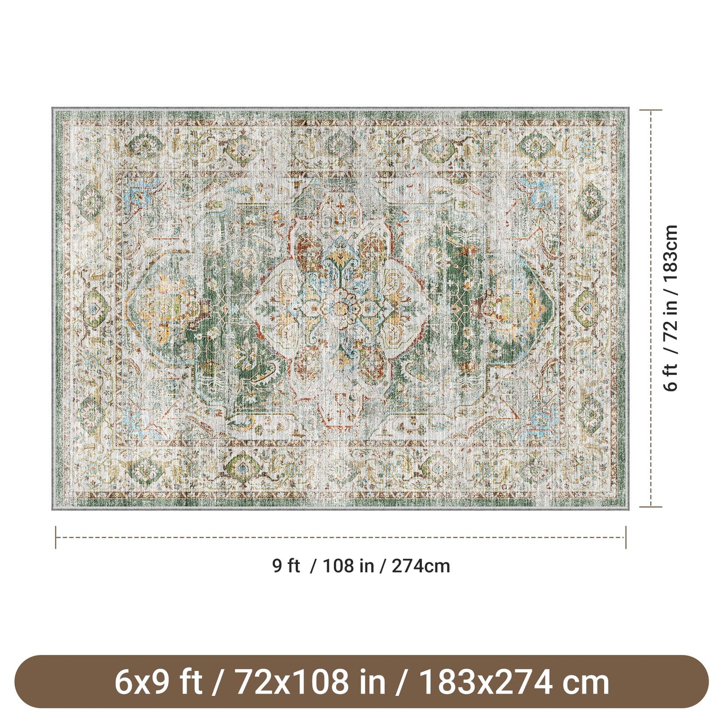 befbee 6x9 Area Rugs for Living Room - Stain Resistant Non-Slip Backing Machine Washable Rugs for Bedroom - Boho Persian Large Area Rug (Green, 6'x9')