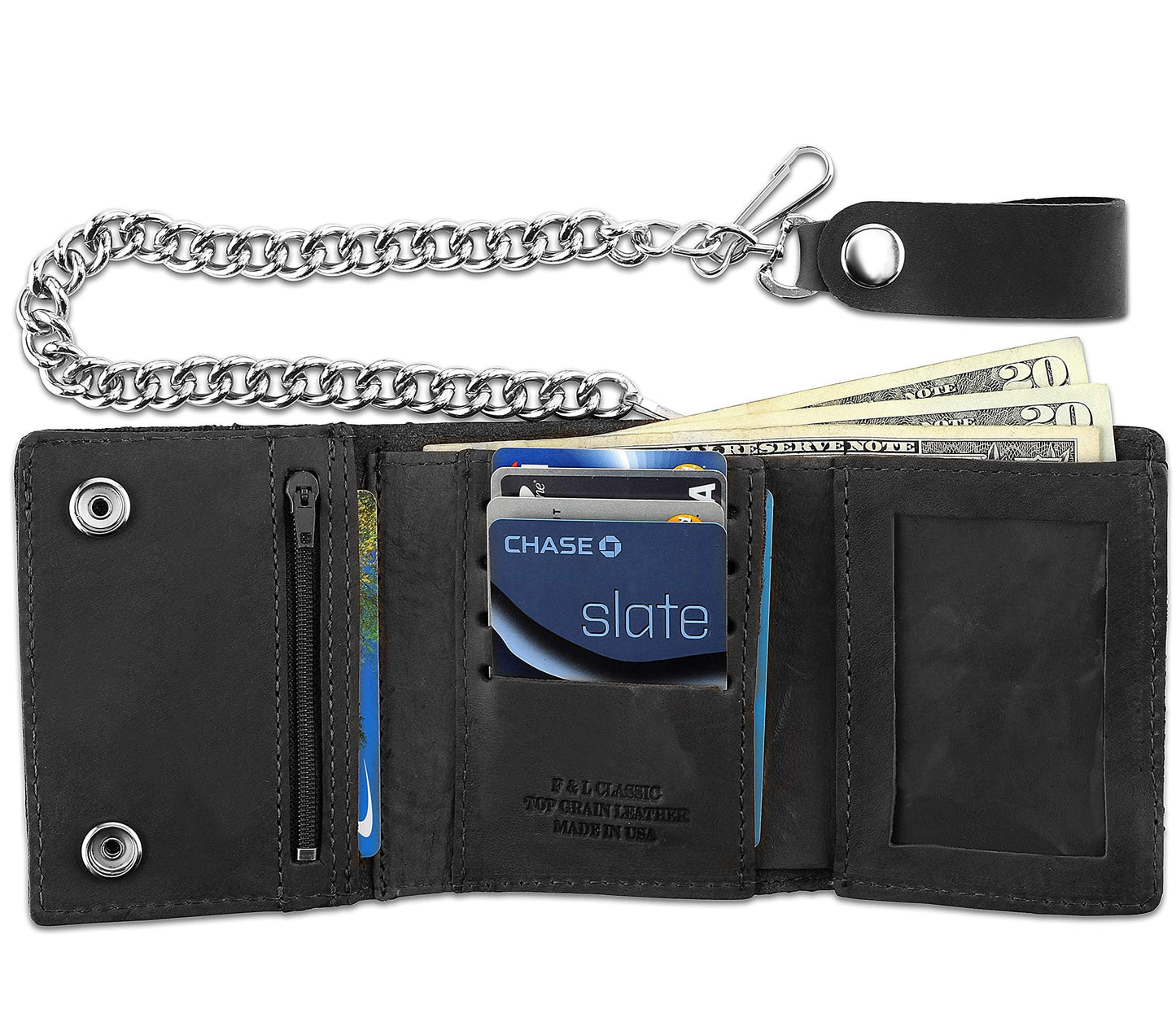 RFID Blocking Men's Tri-fold Vintage Biker Cowhide Leather Steel Chain Wallet,Snap closure, Made In USA,tc315-solid black