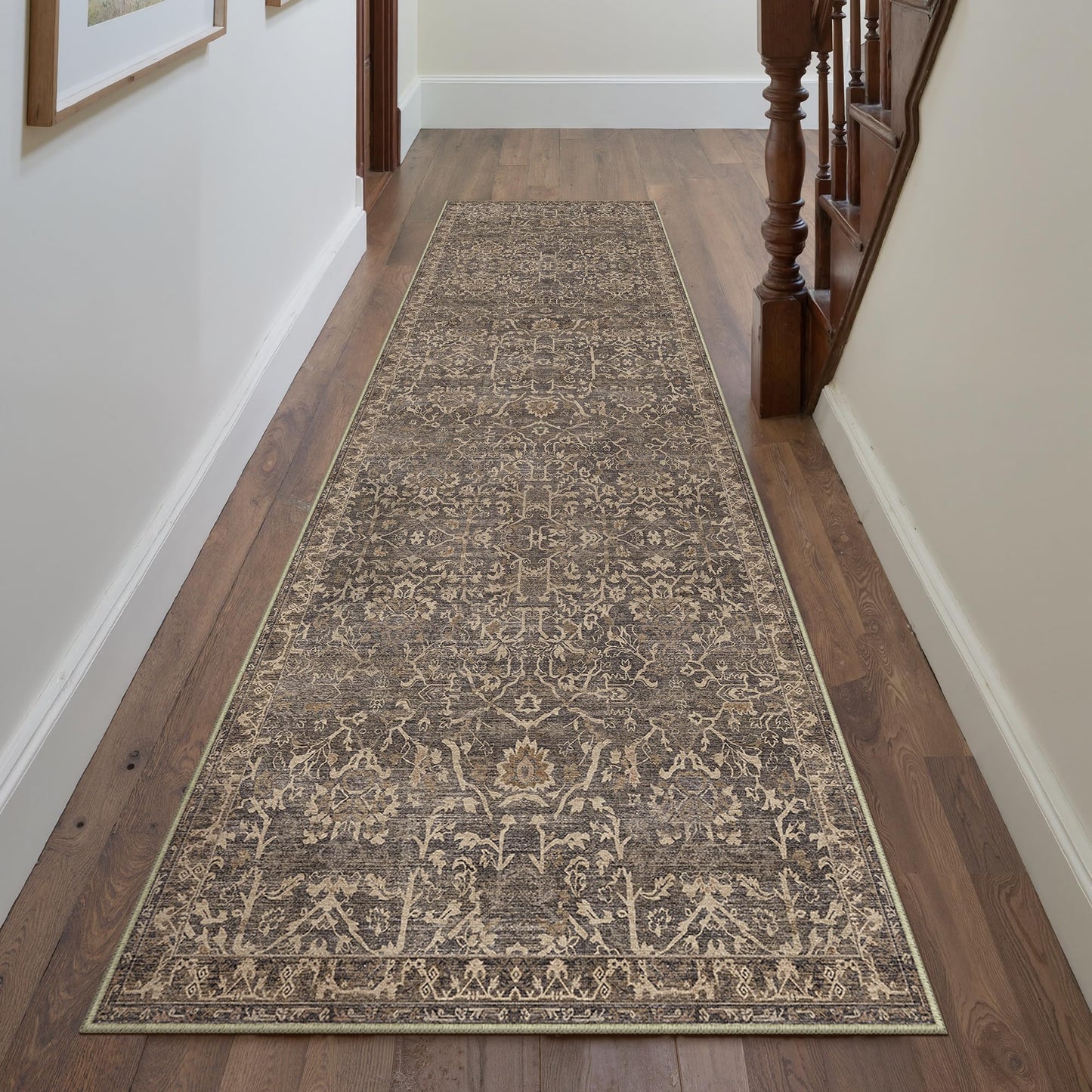 HUGEAR 2'6''x10 Runner Rug Machine Washable Retro Brown Hallway Area Rug Indoor Vintage Rug Floral Low Pile Carpet Soft Throw Rug Bedroom Living Room Office Dining Room Kitchen Laundry Room Non Slip