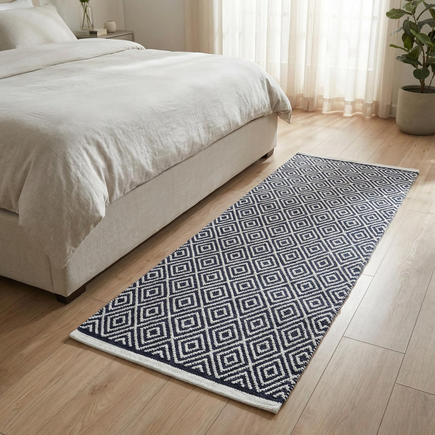 Chenille Cotton Diamond Runner Rug 2x5 Feet - Navy, Reversible Washable Soft Floor Runners Ideal for Kitchen, Hallway, Bedroom, Bathroom | Blue Farmhouse Boho Indoor Use Rugs for Patio Décor
