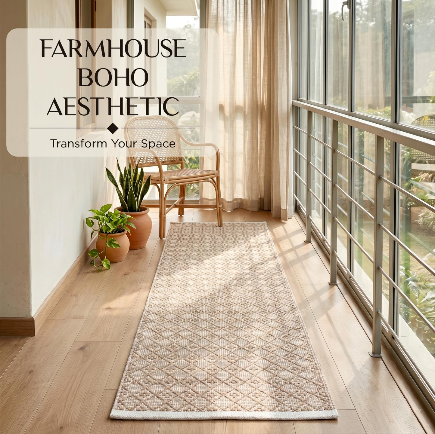 Cotton Diamond Woven Runner Rug 2x6 Feet - Beige, Non Slip Super Soft Farmhouse Space Patio Throw Carpet Ideal for Hallways, Kitchen, Living Room | Neutral Large Bedroom Area Décor Floor Décor Mats