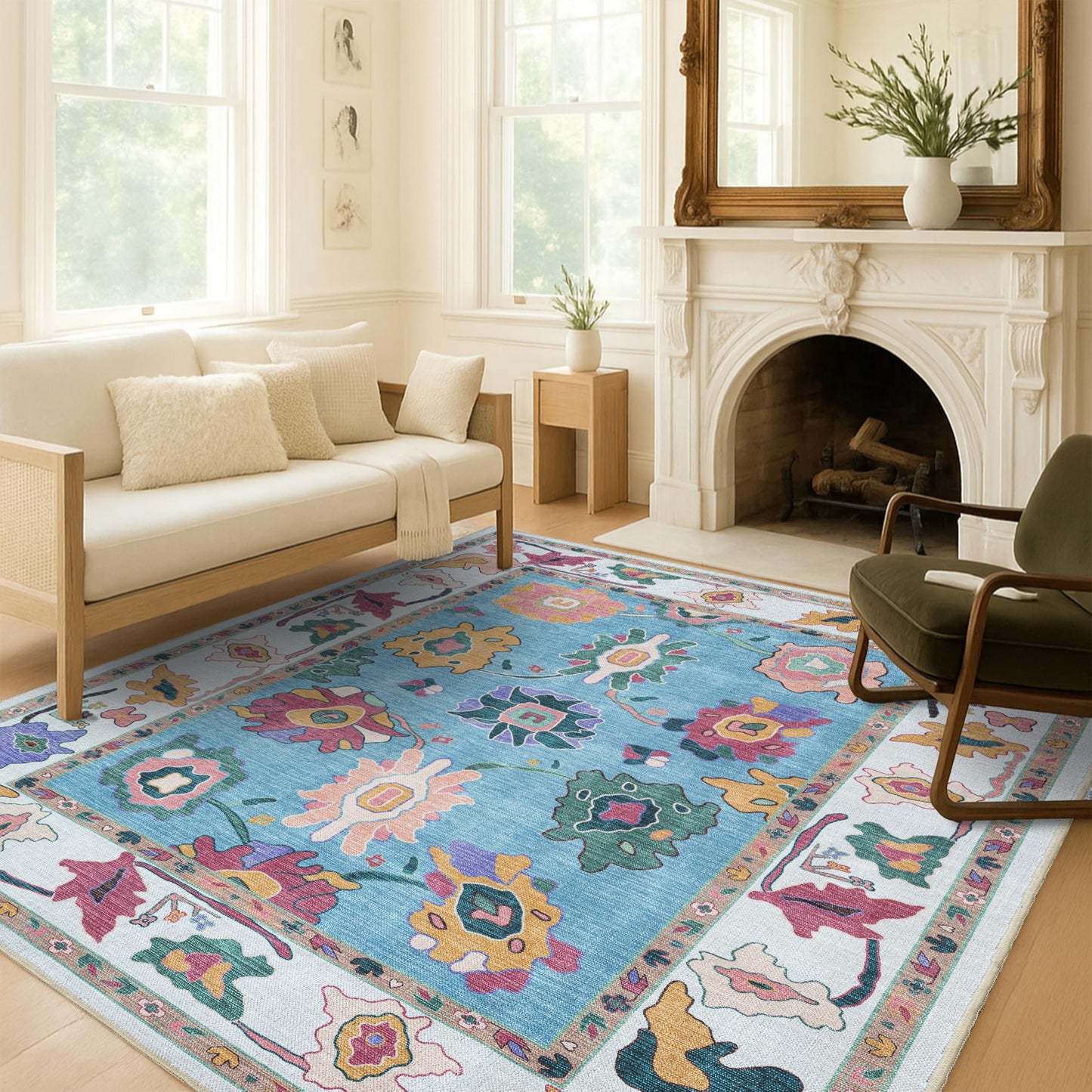 Fame Living Colorful Oushak Runner Rug, Modern Runners, Turkish, Eclectic, Floral, Pastel, Washable, Small Throw Rugs, Short Runner for Entryway, Laundry, Foyer, Bedroom, Kitchen, Bathroom, 2'5"x6'5"