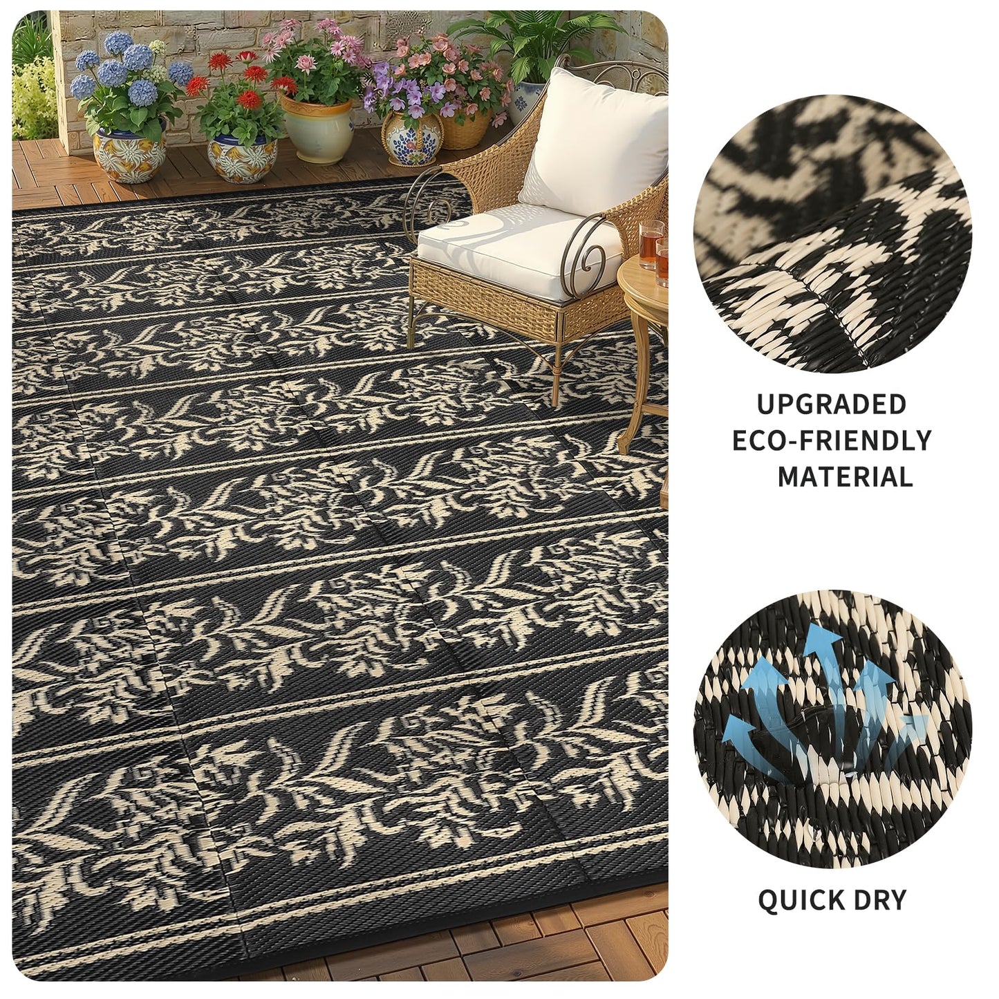GarveeHome Outdoor Rug 9x12 Waterproof for Patio, Reversible Outdoor Plastic Straw Rug, Wallpaper Flower Indoor Outdoor Mat Carpet for RV, Camping, Deck, Backyard, Picnic, BlackCoffe