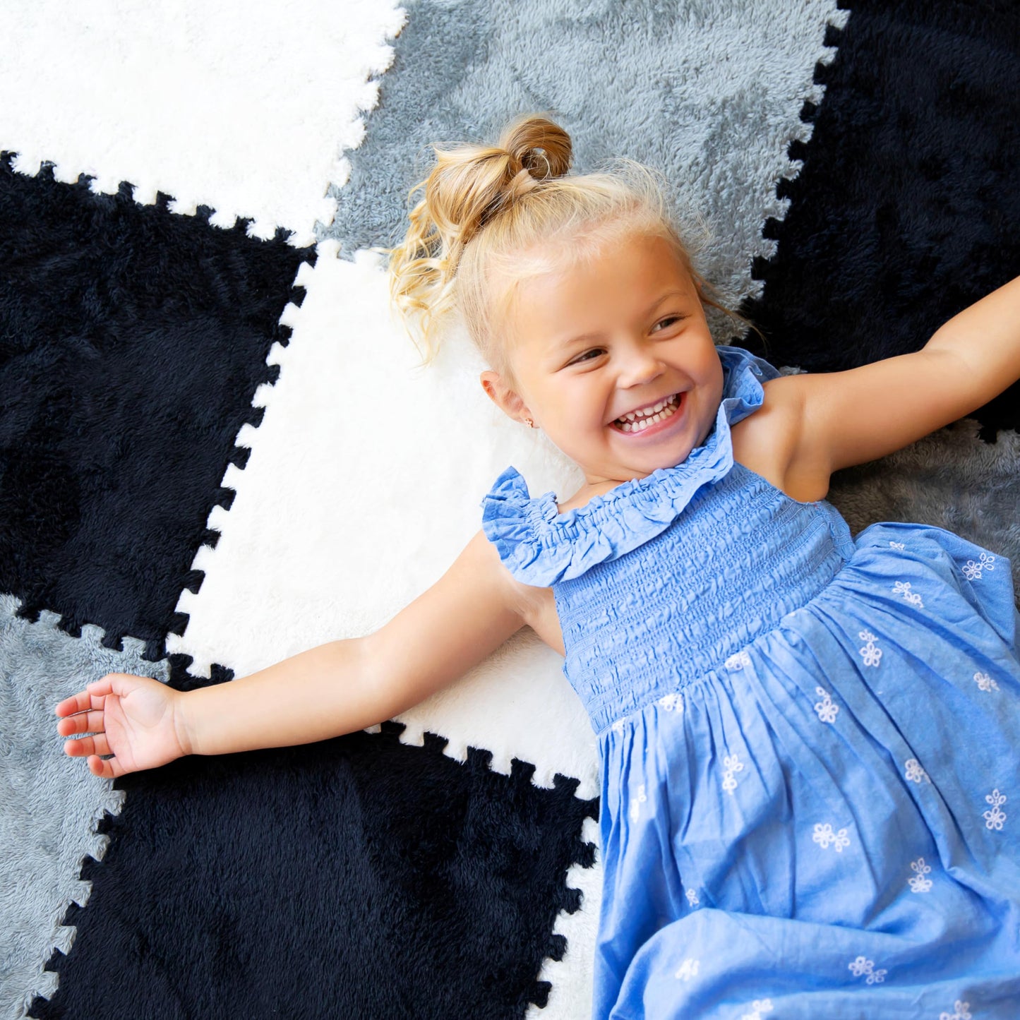 16 Piece Carpet Squares Puzzle Mat 49" x 49" Plush Interlocking Carpet Tiles, Foam Floor Tiles For Baby Play Mat - Kids Soft Play Mats Anti Slip Jigsaw Flooring Playmat Playroom Rug (Black,Gray,White)
