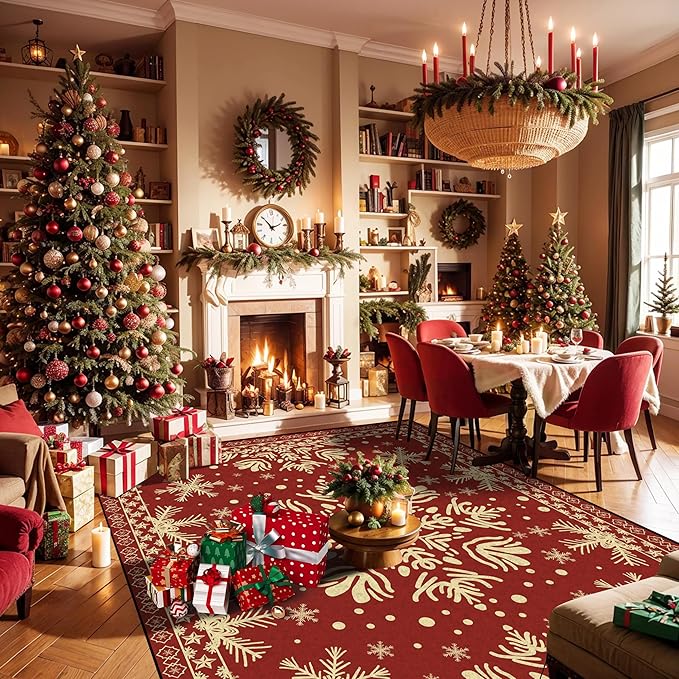 3' X 5' Christmas Area Rugs Snowflake Rug Washable for Indoor Entryway Bedroom Living Room Dorm Laundry Classroom Red Xmas Doormat for Kids Girls Women Floor Mat Pad Carpet