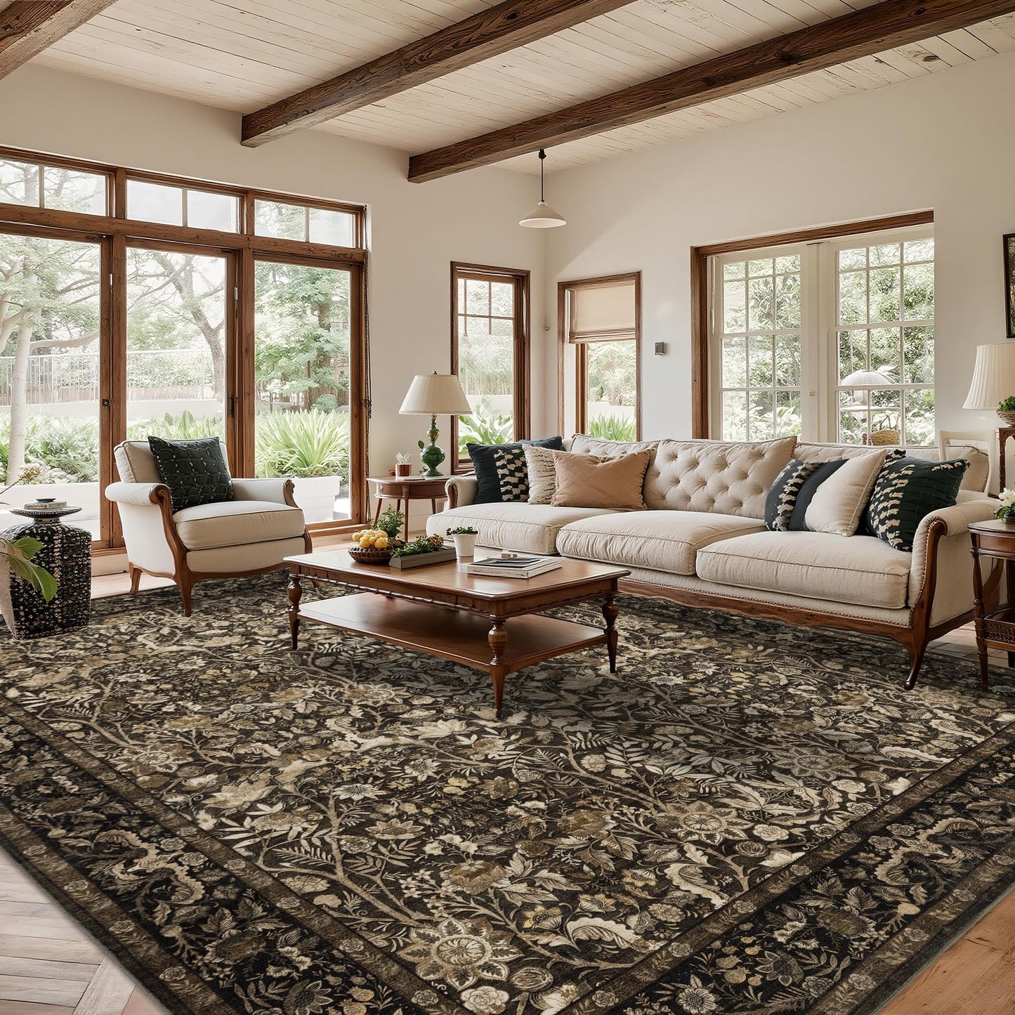 Brown 10x14 Area Rug Washable: Vintage Floral Rugs for Living Room Bedroom Dining Room Under Kitchen Table Office - Soft Non-Slip Stain Resistant Low Pile Large Carpet - Brown and Gold